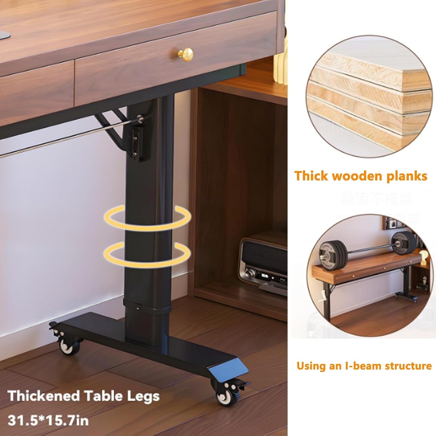 Adjustable Height Overbed Table with Wheels and Hand Crank, Mobile Laptop Cart with Large Capacity Storage, Over Bed Desk Fits Twin/Full/Queen/King Beds(Brown+White,240cm/94.4in)
