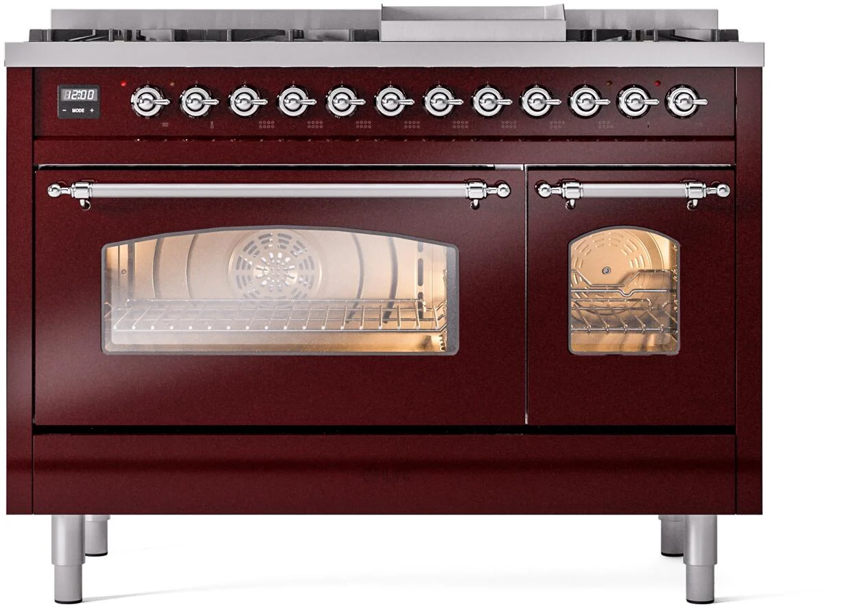 ILVE Nostalgie II 48-Inch Dual Fuel Freestanding Range in Burgundy with Chrome Trim (UP48FNMPBUC)