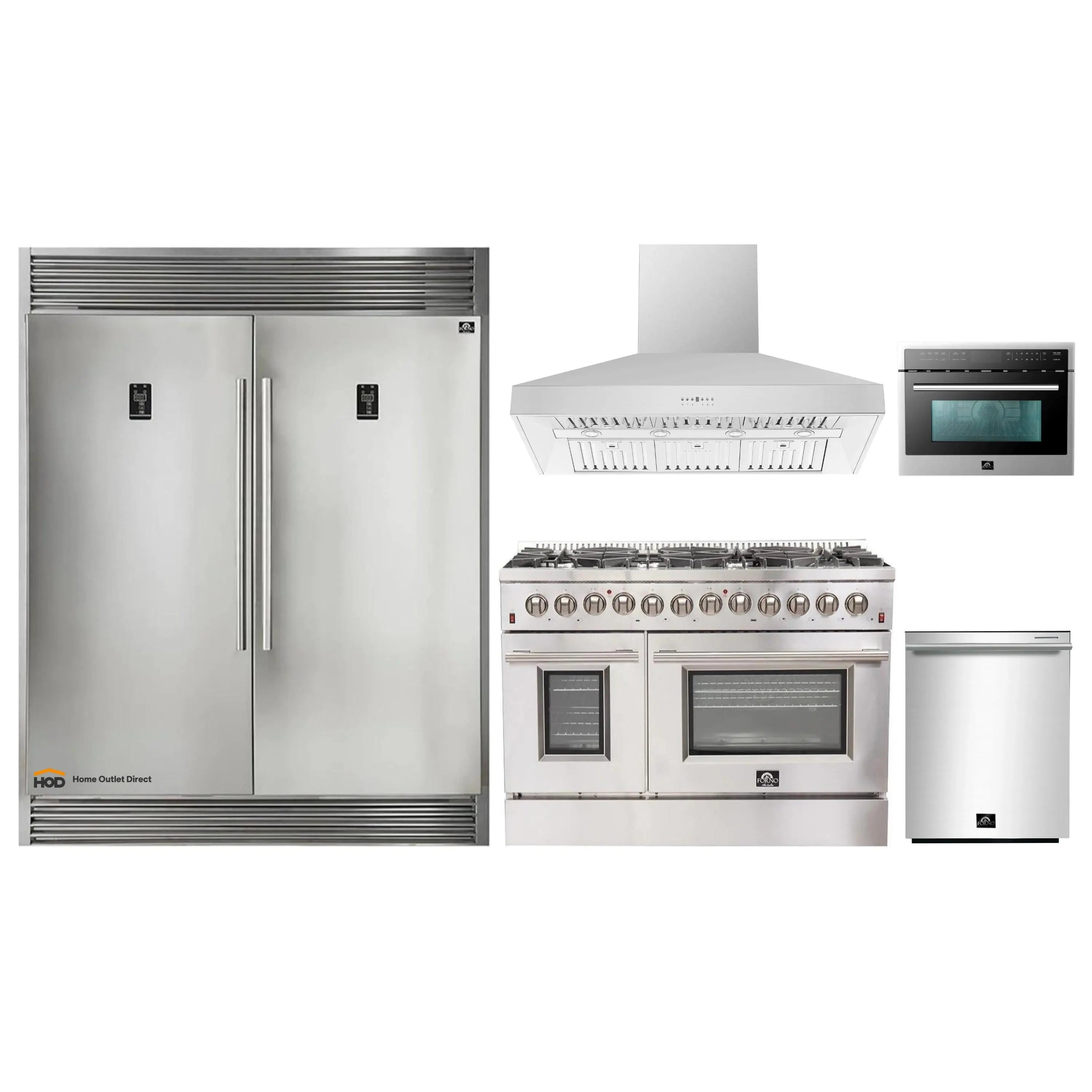 Forno 5-Piece Appliance Package - 48-Inch Dual Fuel Range, 60-Inch Pro-Style Refrigerator, Wall Mount Hood, 24-Inch Microwave Oven, & 3-Rack Dishwasher in Stainless Steel