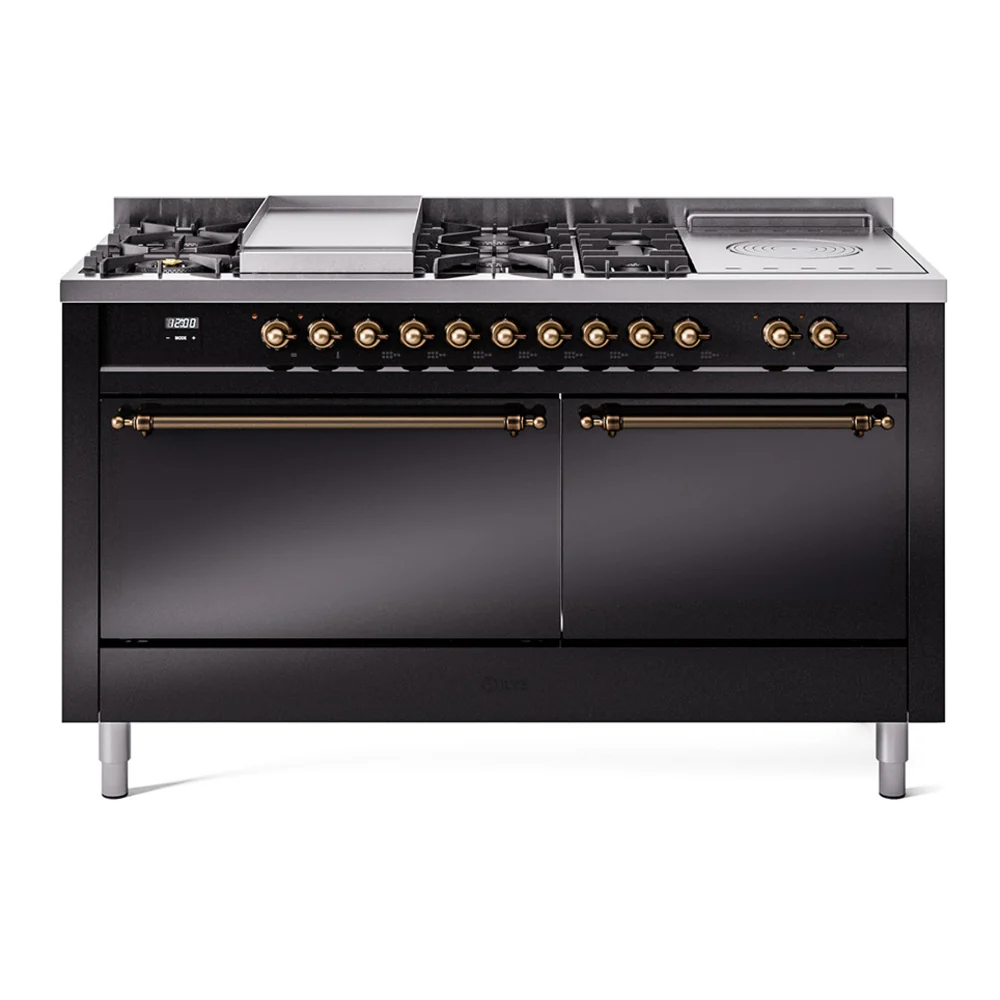 ILVE Nostalgie II 60-Inch Dual Fuel Range with 7 Burners, Griddle, & French Top with Solid Door Oven in Glossy Black with Bronze Trim (UP60FSQNMPBKB)
