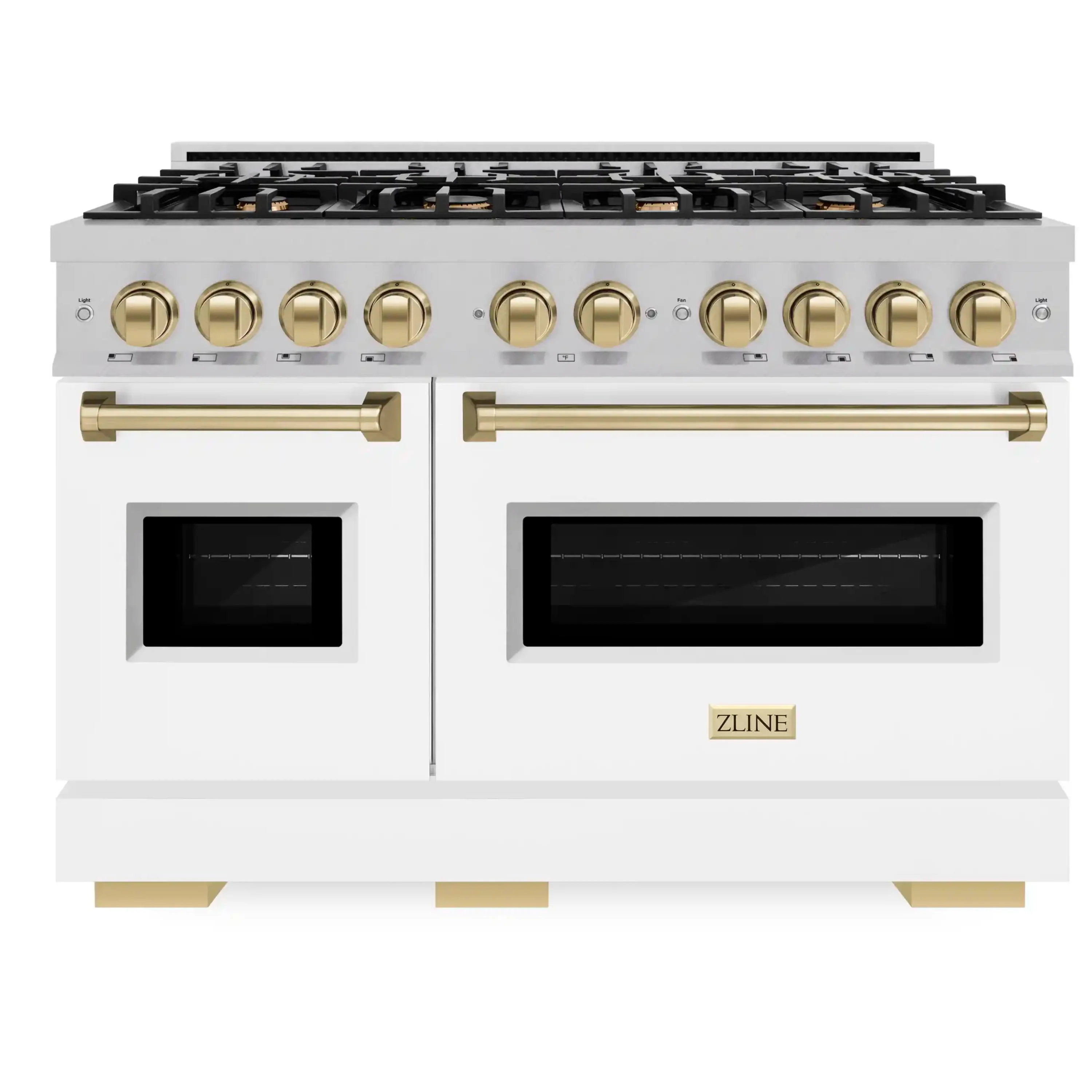 ZLINE Autograph Edition 48-Inch Classic Series Gas Range with 8 Gas Burner Cooktop and 6.7 Cu. Ft. Gas Convection Oven  in Satin Stainless Steel with White Matte Doors and Champagne Bronze Accents (CGRSZ-WM-48-CB)