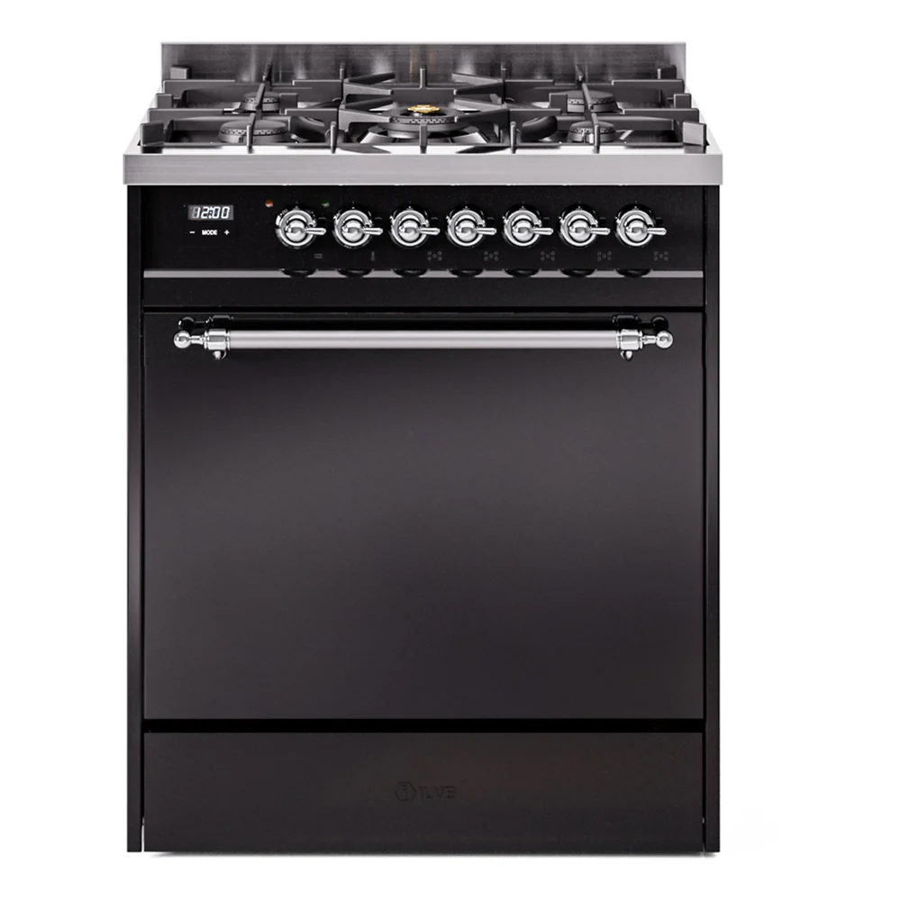 ILVE Nostalgie II 30-Inch Dual Fuel Range with Solid Door in Glossy Black with Chrome Trim (UP30QNMPBKC)