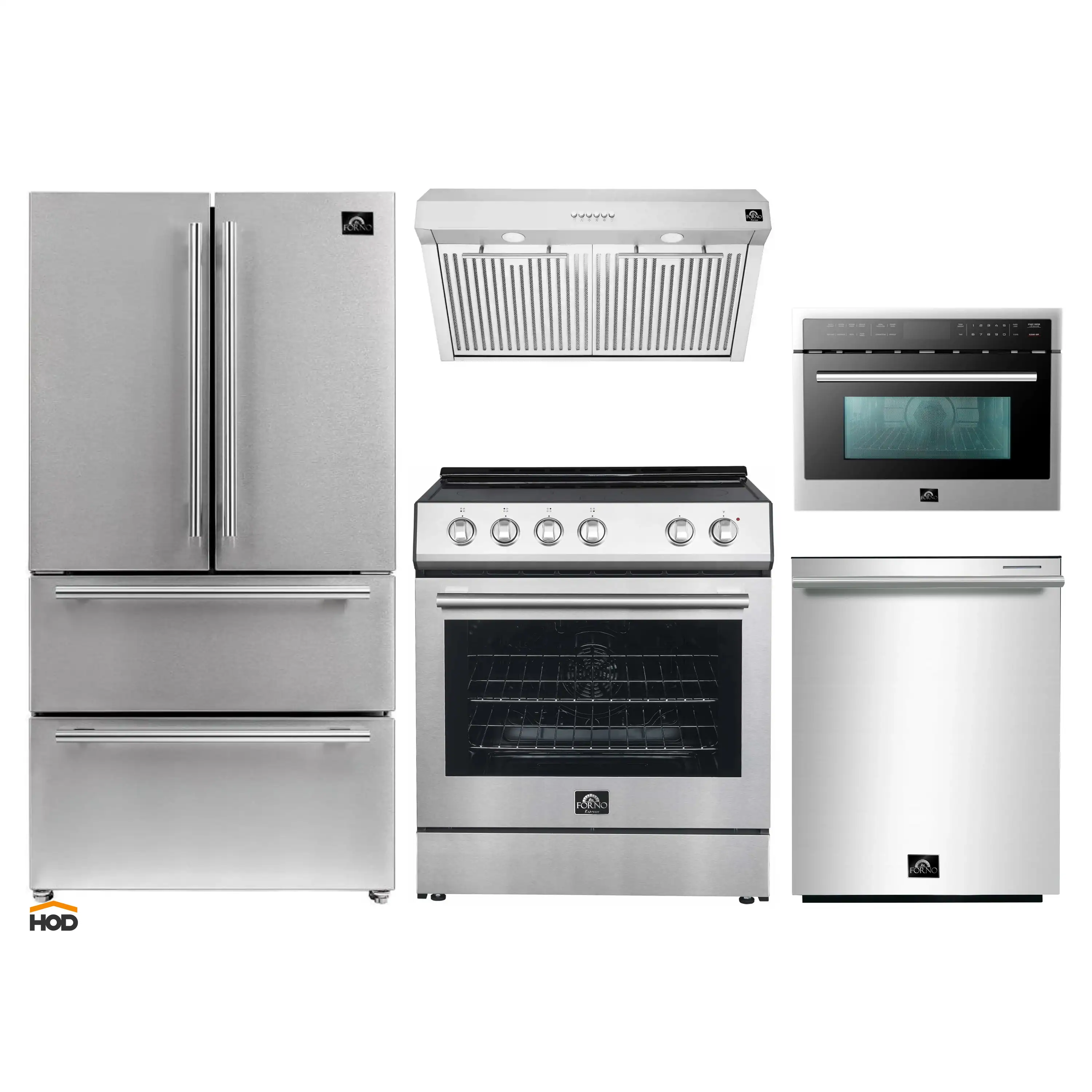 Forno 5-Piece Appliance Package - 30-Inch Electric Range, Under Cabinet Range Hood, Refrigerator, Dishwasher, and 24-Inch Microwave Oven in Stanless Steel