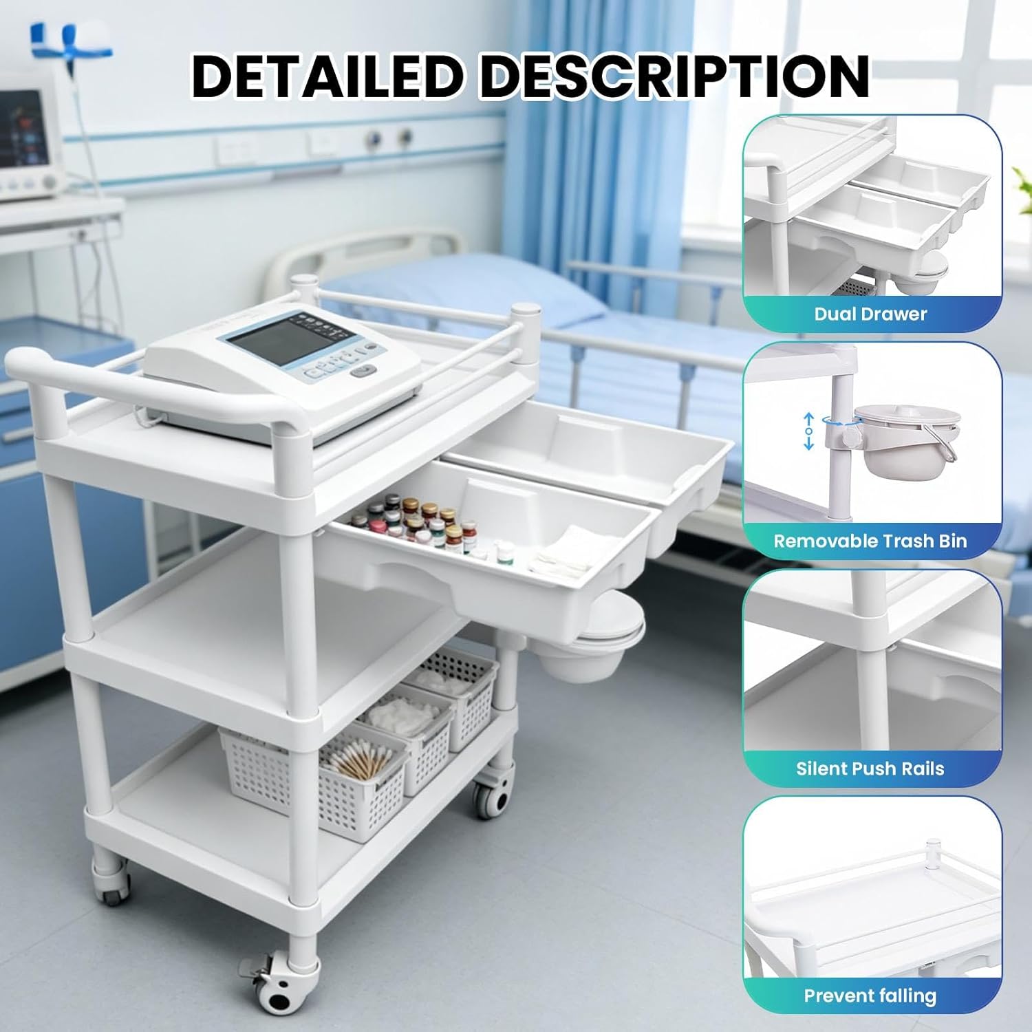 360° Rotate Medical Mobile Trolley Cart with 2 Drawers & 3 Trash Cans, Salon Trolley Cart with 4 Silent Wheels, 440 LBS Max Load White Utility Cart for Hospital Dental Clinic Home