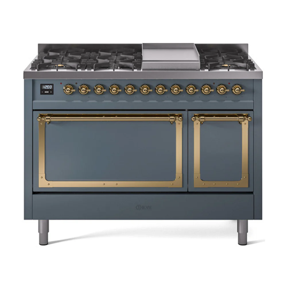 ILVE Nostalgie II Noblesse 48-Inch Dual Fuel Freestanding Range with Solid Door Oven in Blue Grey with Brass Trim (UN48FQNMPBGG)