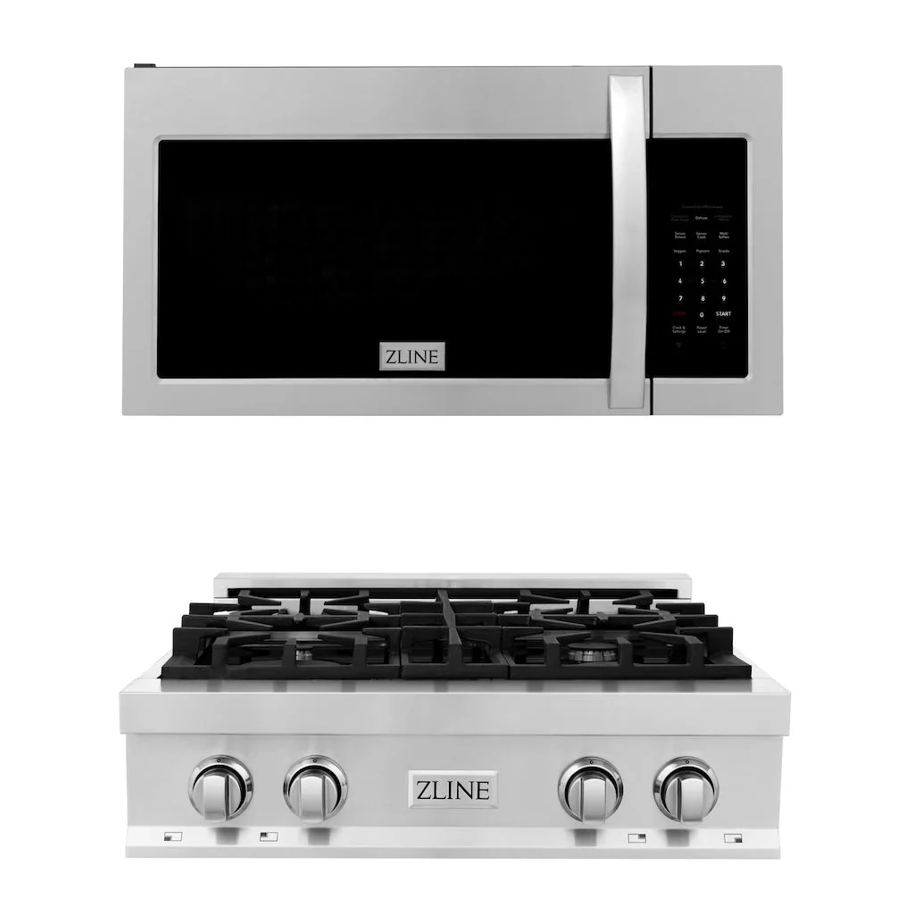 ZLINE 2-Piece Appliance Package - 30-Inch Rangetop and Over-the-Range Microwave with Modern Handle in Stainless Steel (2KP-RTOTR30)