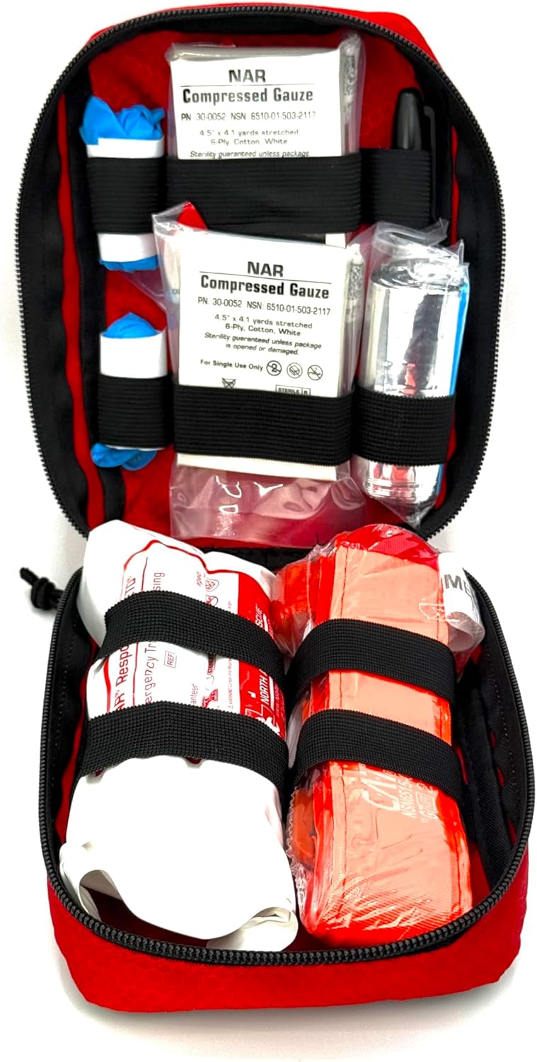 Basic Bleeding Control Kit from iThrive Medical - Stop The Bleed Kit with CAT Tourniquet, Trauma Dressing, Gauze & More - Public Access Emergency First Aid Kit in Red Nylon Bag