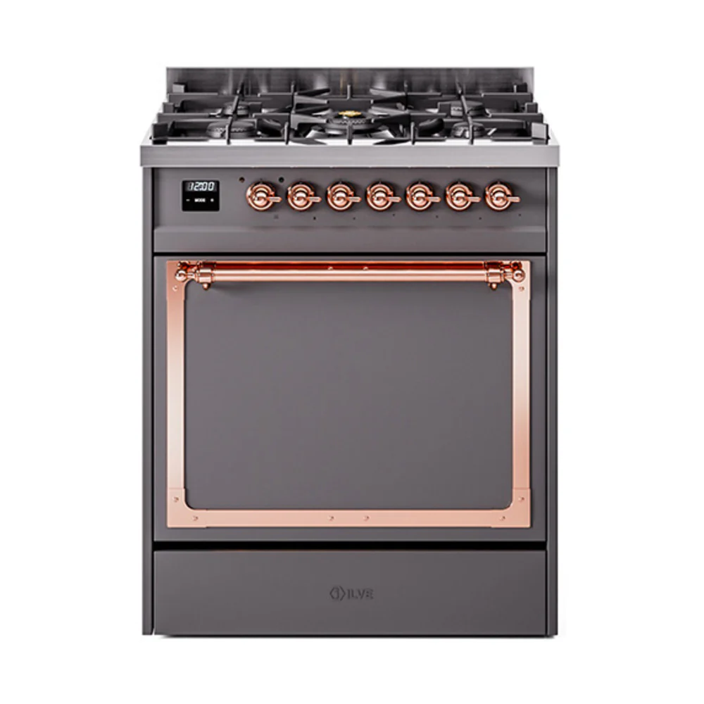 ILVE Nostalgie II Noblesse 30-Inch Dual Fuel Range with Solid Door in Matte Graphite with Copper Trim (UN30QNMPMGP)
