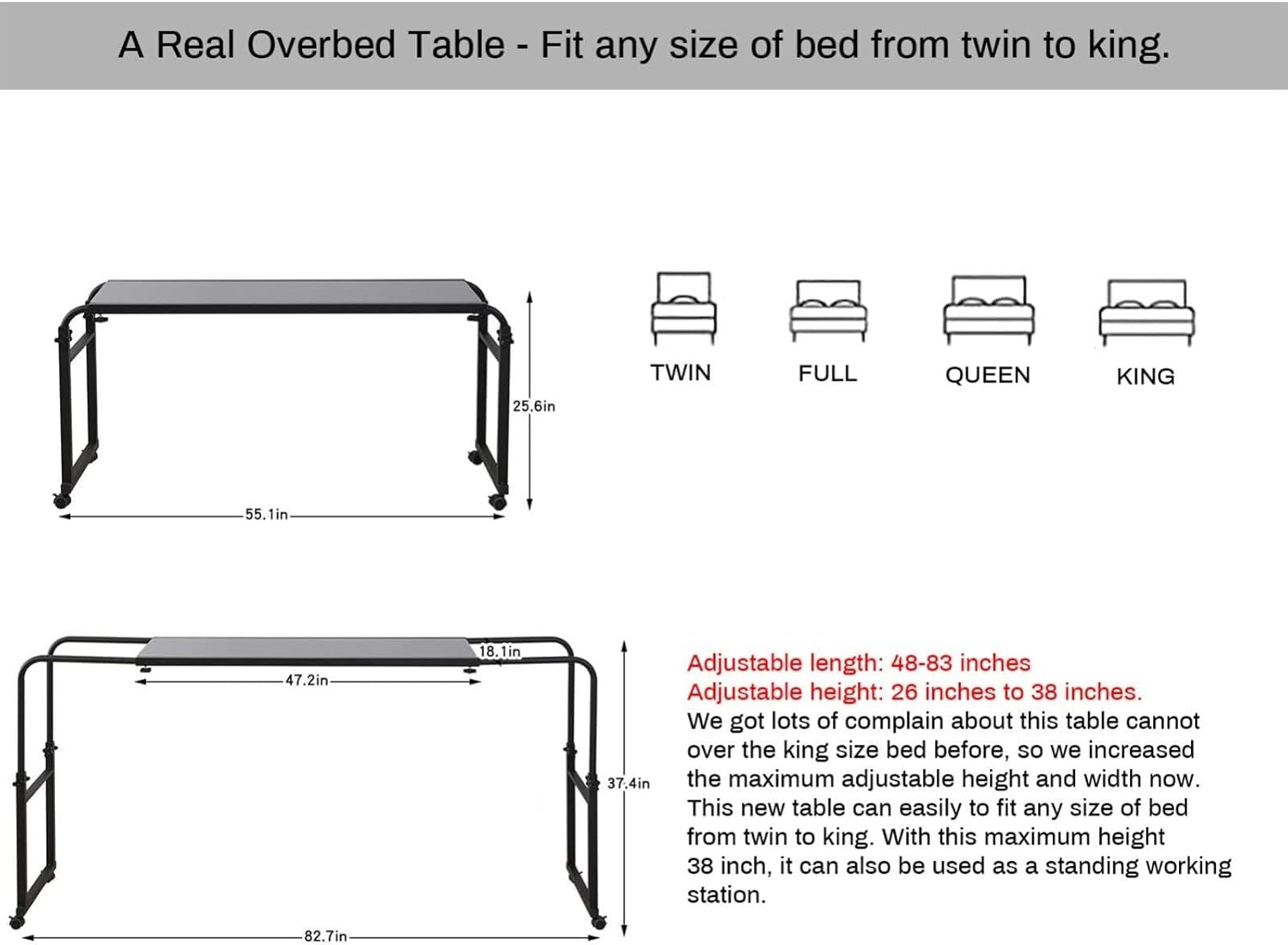 Overbed Table with Wheels Height Adjustable Computer Desk Standing Workstation Food Tray Desk Rolling Medical Table for Twin/Full/Queen/King Size Bed Frame(Beige)