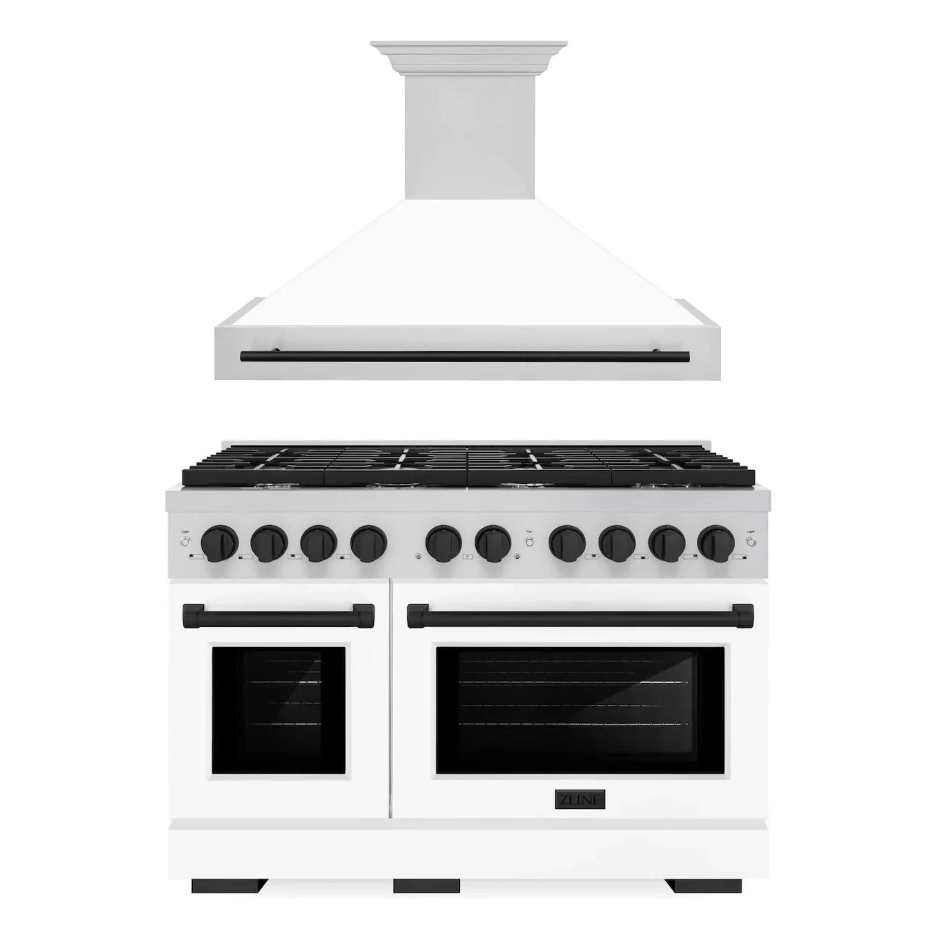 ZLINE Autograph Edition 2-Piece Appliance Package - 48-Inch Gas Range & Wall Mounted Range Hood in Stainless Steel and White Door with Matte Black Trim (2AKPR-SGRWMRH48-MB)