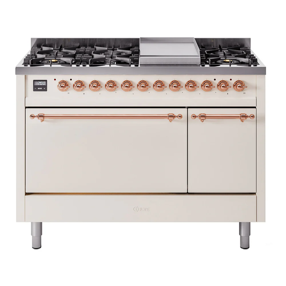 ILVE 48-Inch Nostalgie II Dual Fuel Range with 8 Burners, Griddle, and Solid Door Oven in Antique White with Copper Trim (UP48FQNMPAWP)