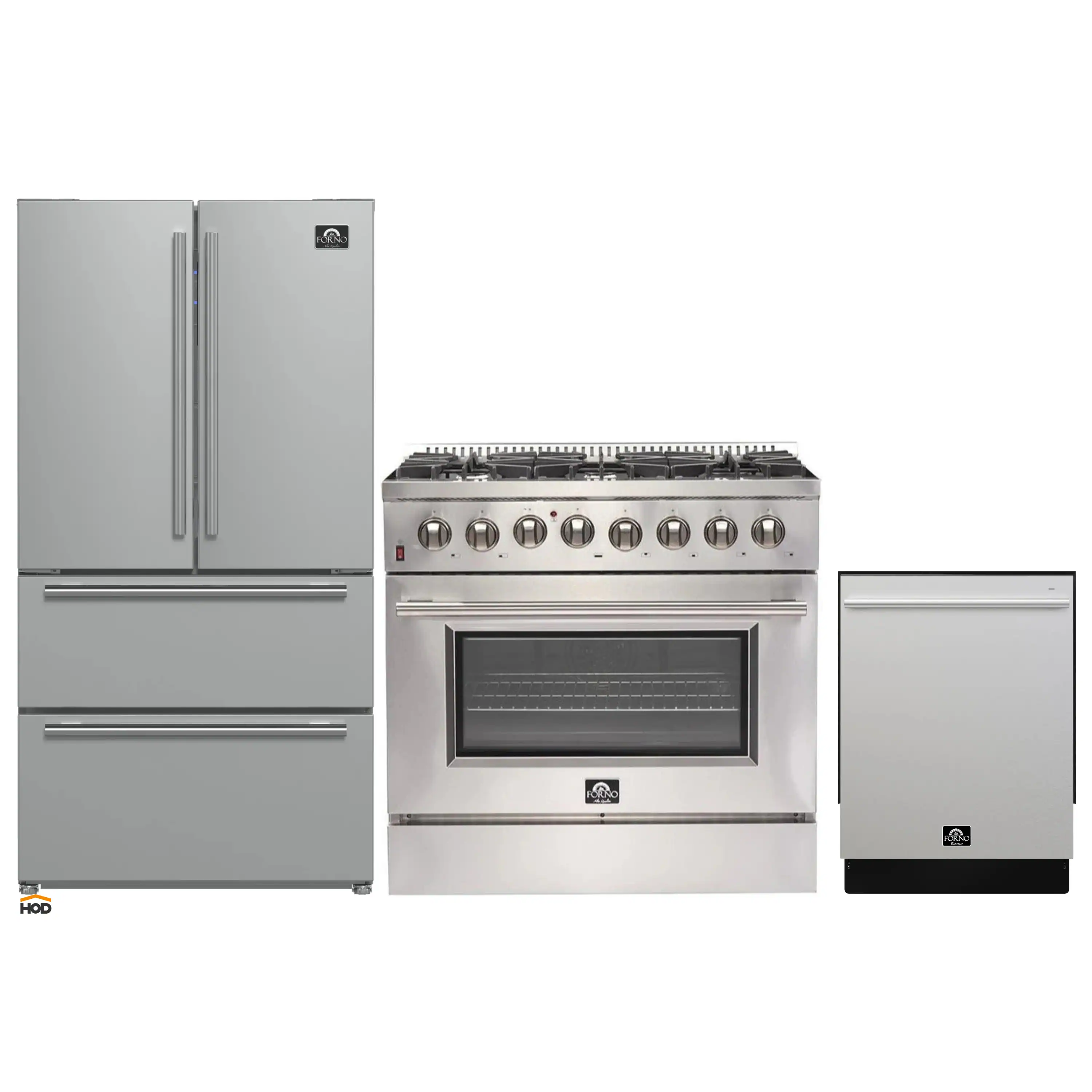 Forno 3-Piece Appliance Package - 36-Inch Galiano Dual Fuel Range, French Door Refrigerator, & Dishwasher in Stainless Steel (FBDL-009-02CAUS)