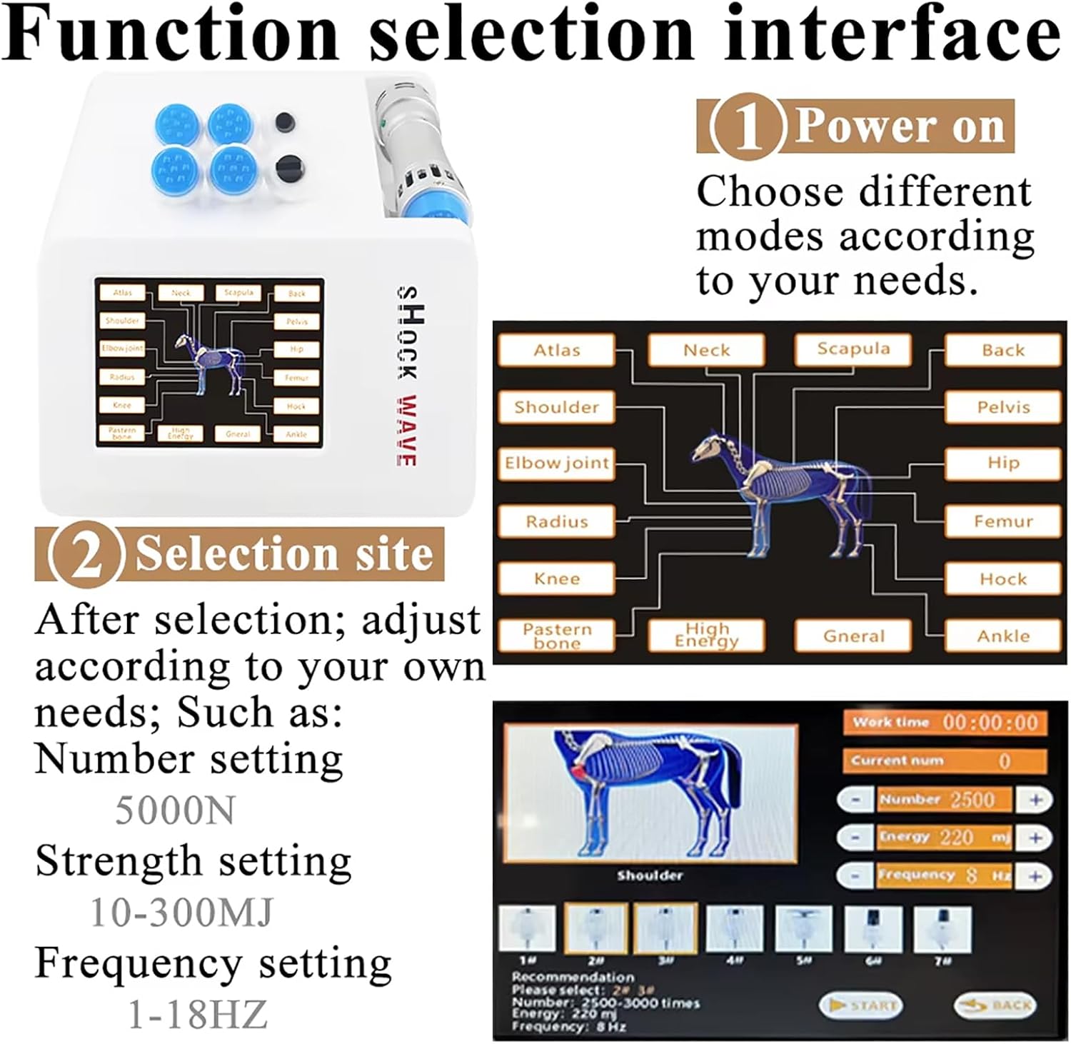Horses Use Extracorporal Shock Wave Therapy Machine, Touch Control 10-300MJ Veterinary Shockwave Therapy Device, 1-18HZ Deep Massage, Relieve Muscle Pain