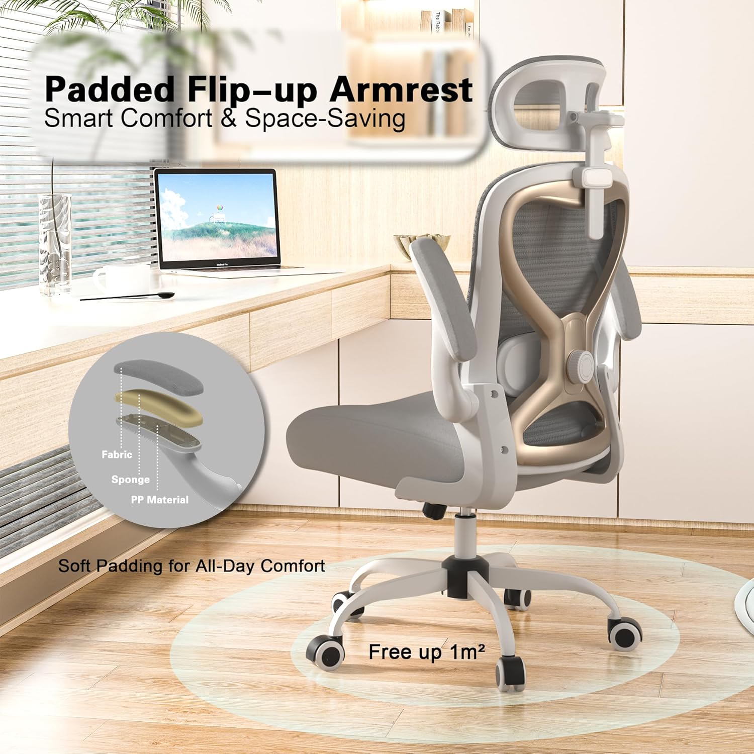 Home Office Desk Chairs, Ergonomic Office Chair with Lumbar Support & 3D Headrest, Computer Desk Chair with Flip-up Armrests, Perfect for Office or Study, Gray/Gold