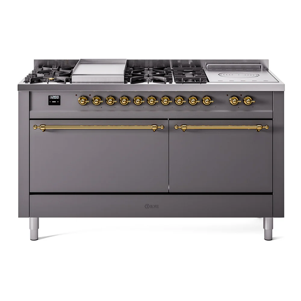 ILVE Nostalgie II 60-Inch Dual Fuel Range with 7 Burners, Griddle, & French Top with Solid Door Oven in Matte Graphite with Brass Trim (UP60FSQNMPMGG)
