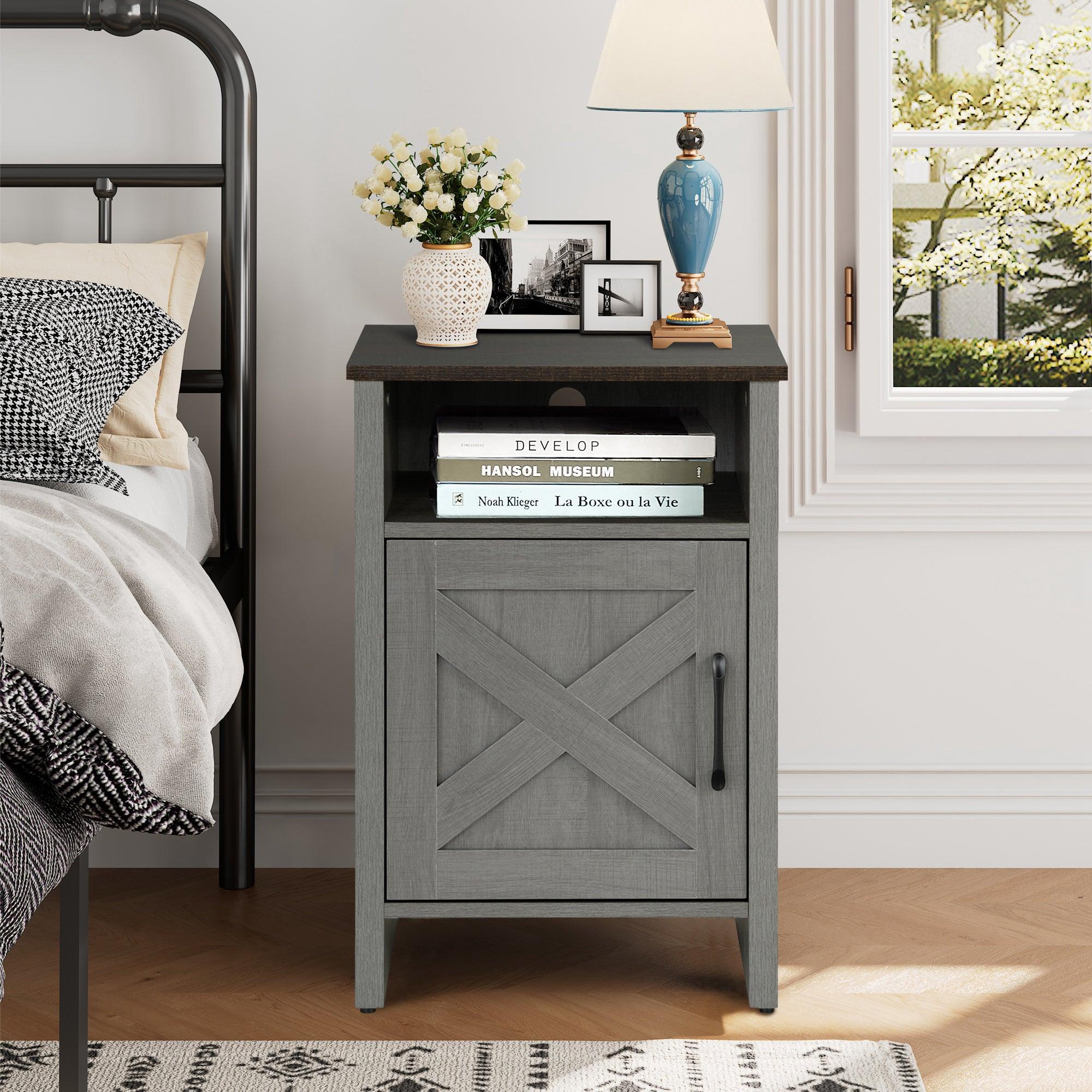 Parrot Uncle Furniture of America Farmhouse Grey 16-Inch Side Table with Barn Door and Open Shelf (SL-AC4002-PU)