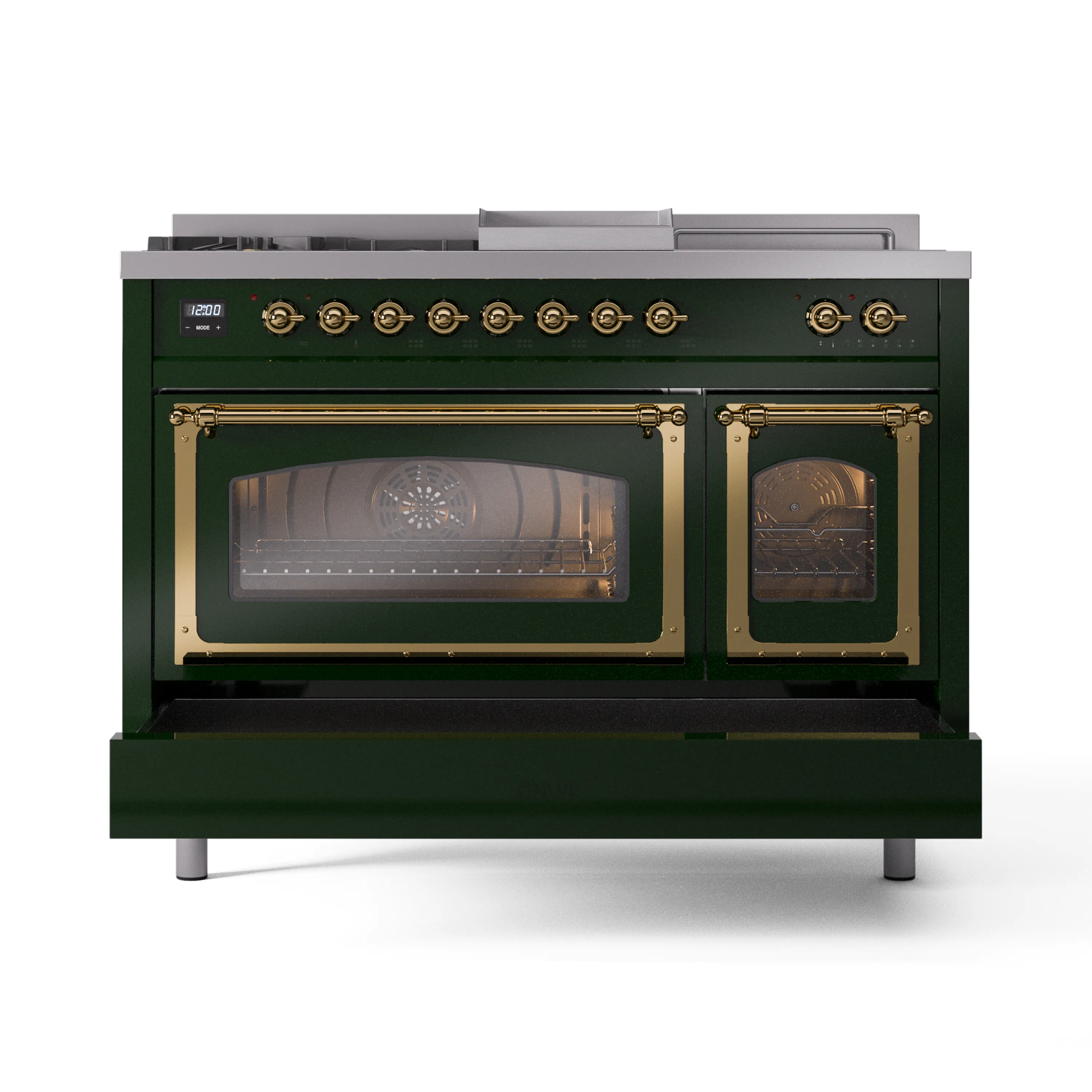 ILVE Nostalgie II Noblesse 48-Inch Dual Fuel Range with 5 Burners, Griddle, & French Top with Triple Glass Door Oven in Emerald Green with Brass Trim (UN48FSNMPEGG)