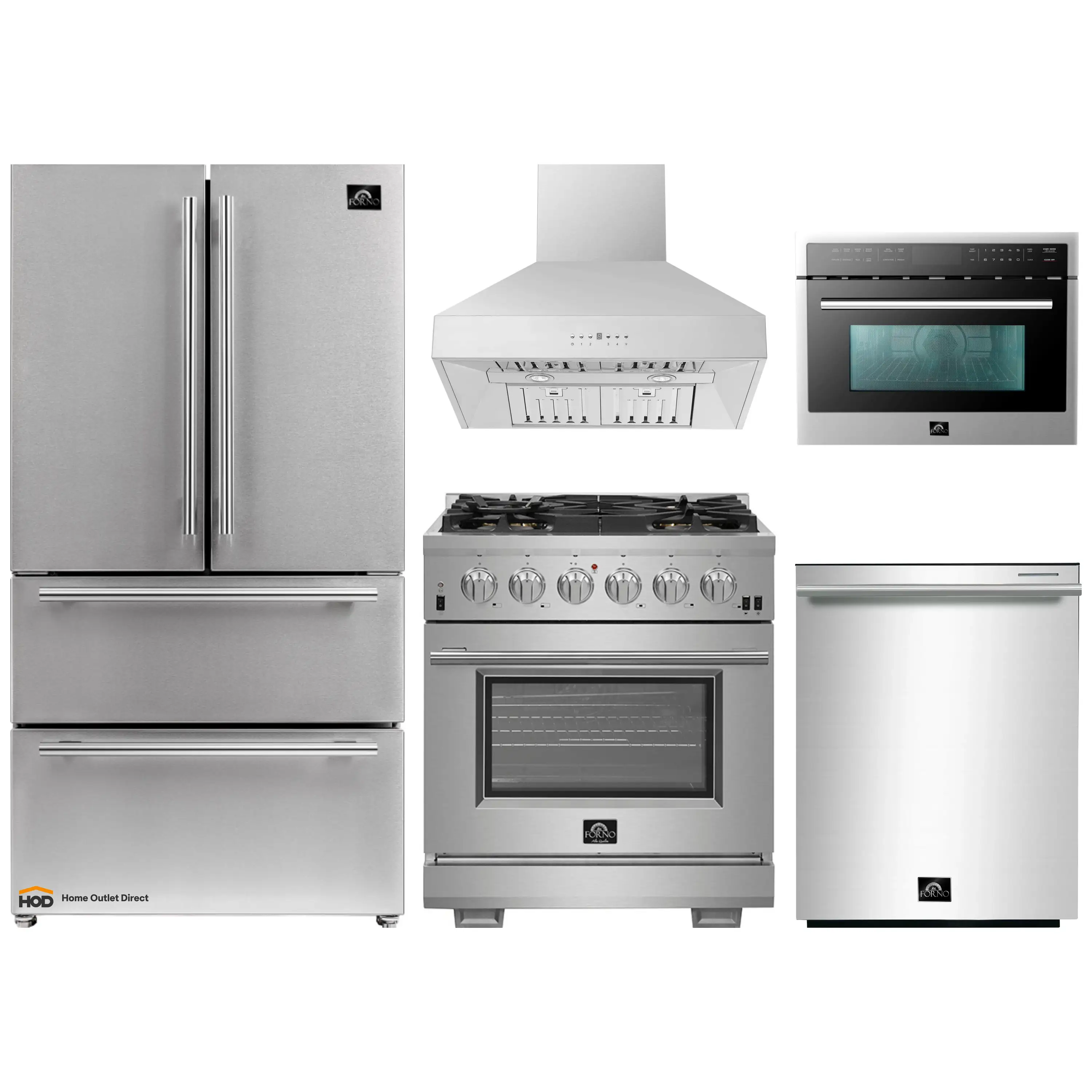Forno 5-Piece Pro Appliance Package - 30-Inch Gas Range, 36-Inch Refrigerator Wall Mount Hood, 24-Inch Microwave Oven, & 3-Rack Dishwasher in Stainless Steel
