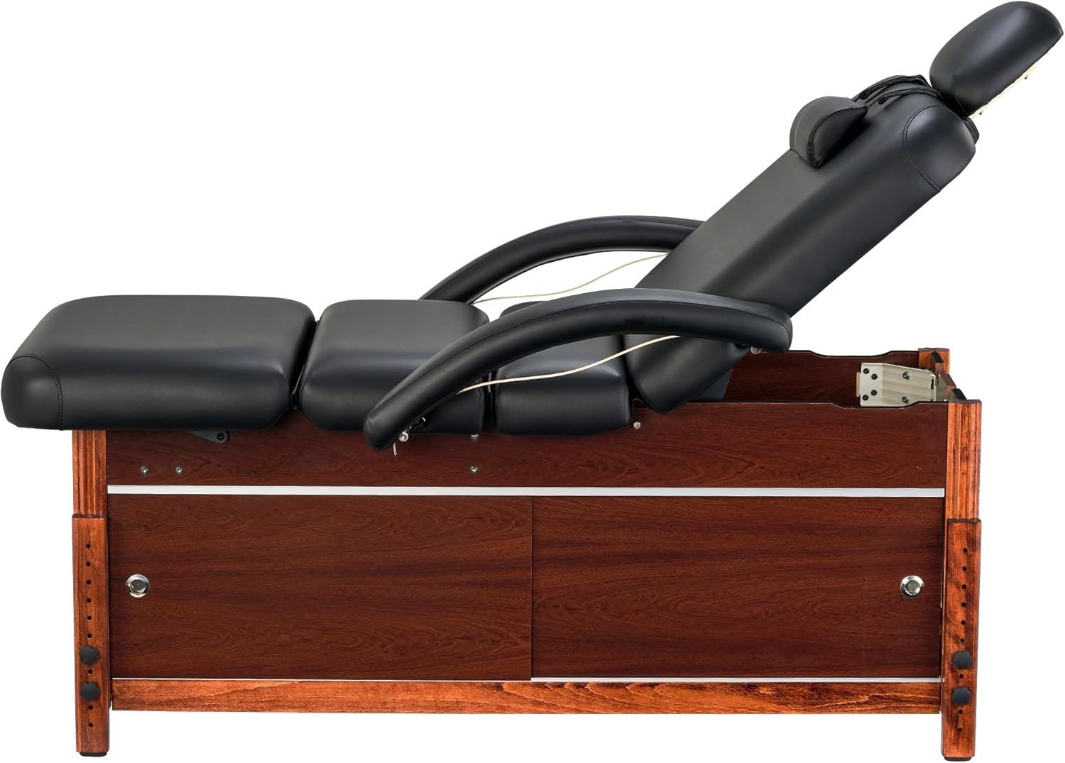 Master Massage Cabrillo Stationary Massage Table - Facial Beauty Lash Bed - 4 Section Salon Spa Bed with Storage Cabinet - Pneumatic Tilting Backrest and Leg Rest, Black with Walnut Legs, 30 Inch