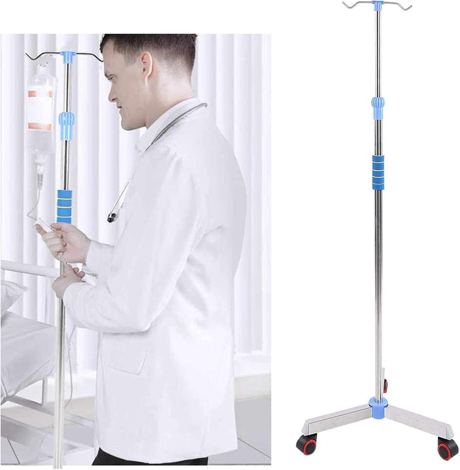 Adjustable Stainless Steel Infusion Stand with Wheels - Drip Holder for IV Therapy, Hospital Use, Medical Equipment, Height Adjustable, Portable Drip Pole