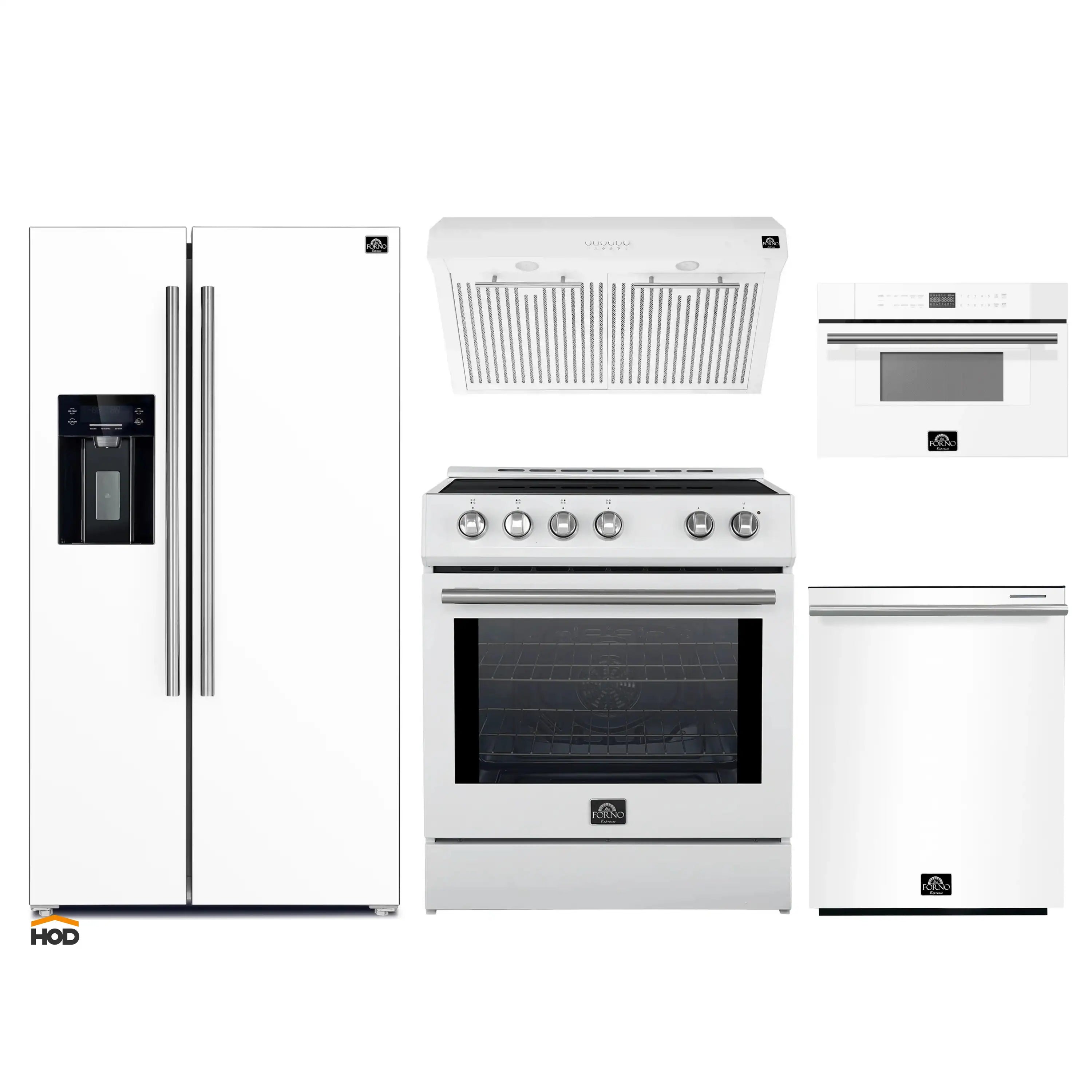Forno 5-Piece Appliance Package - 30-Inch Induction Range, Under Cabinet Range Hood, Refrigerator with Water Dispenser, Dishwasher, and 30-Inch Microwave Drawer in White with Stainless Steel Trim