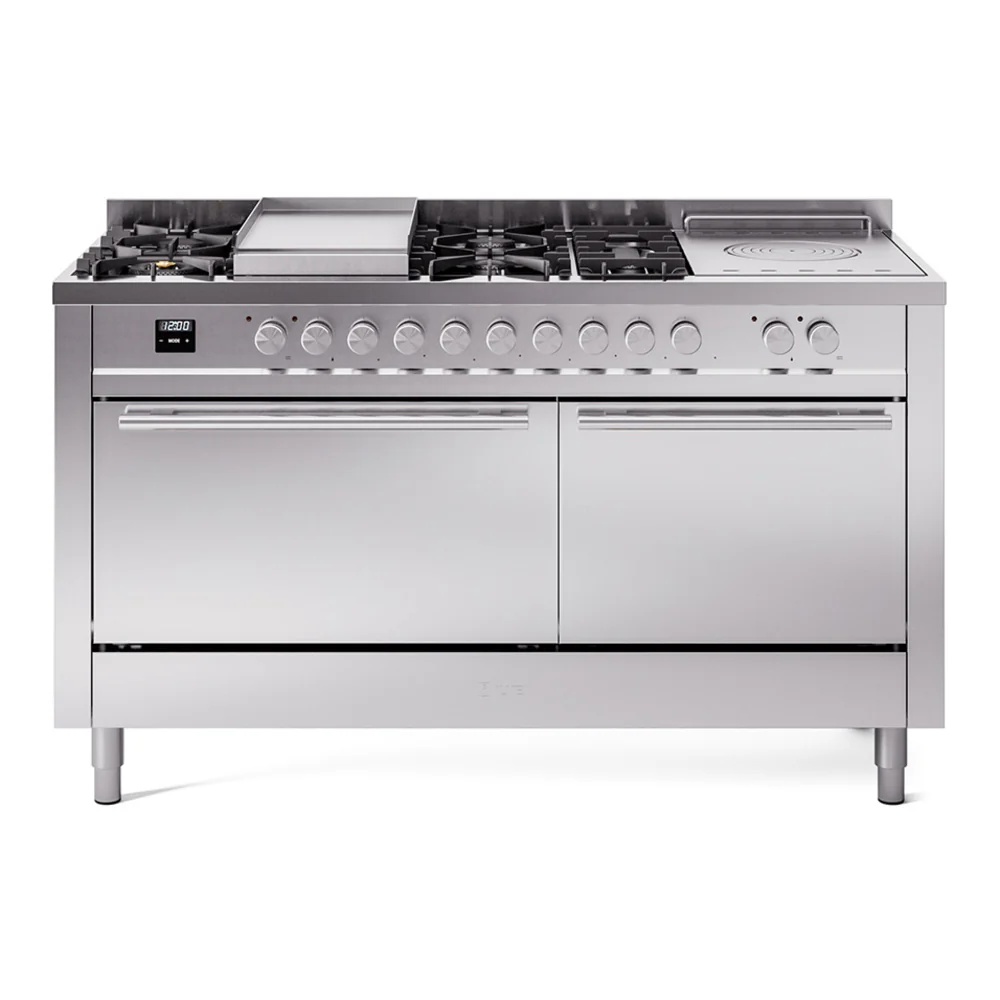 ILVE Professional Plus II 60-Inch Dual Fuel Range with 7 Burners, Griddle, & French Top with Solid Door Oven in Stainless Steel (UP60FSQMPSS)
