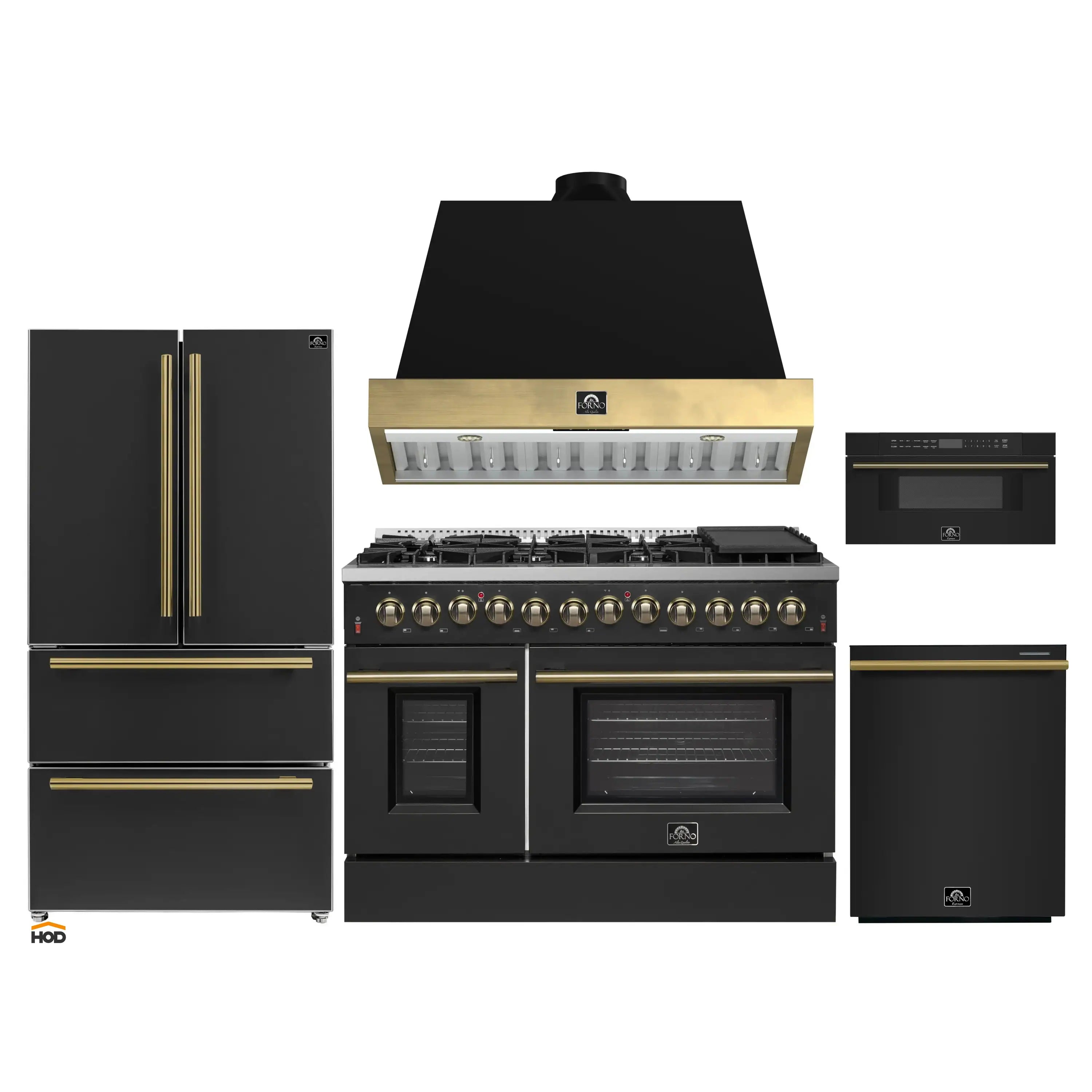 Forno Galiano 5-Piece Appliance Package - 48-Inch Dual Fuel Range, 48-Inch Hood, 36-Inch Refrigerator, 24-Inch Dishwasher, & 30-Inch Microwave Drawer in Black with Antique Brass Trim