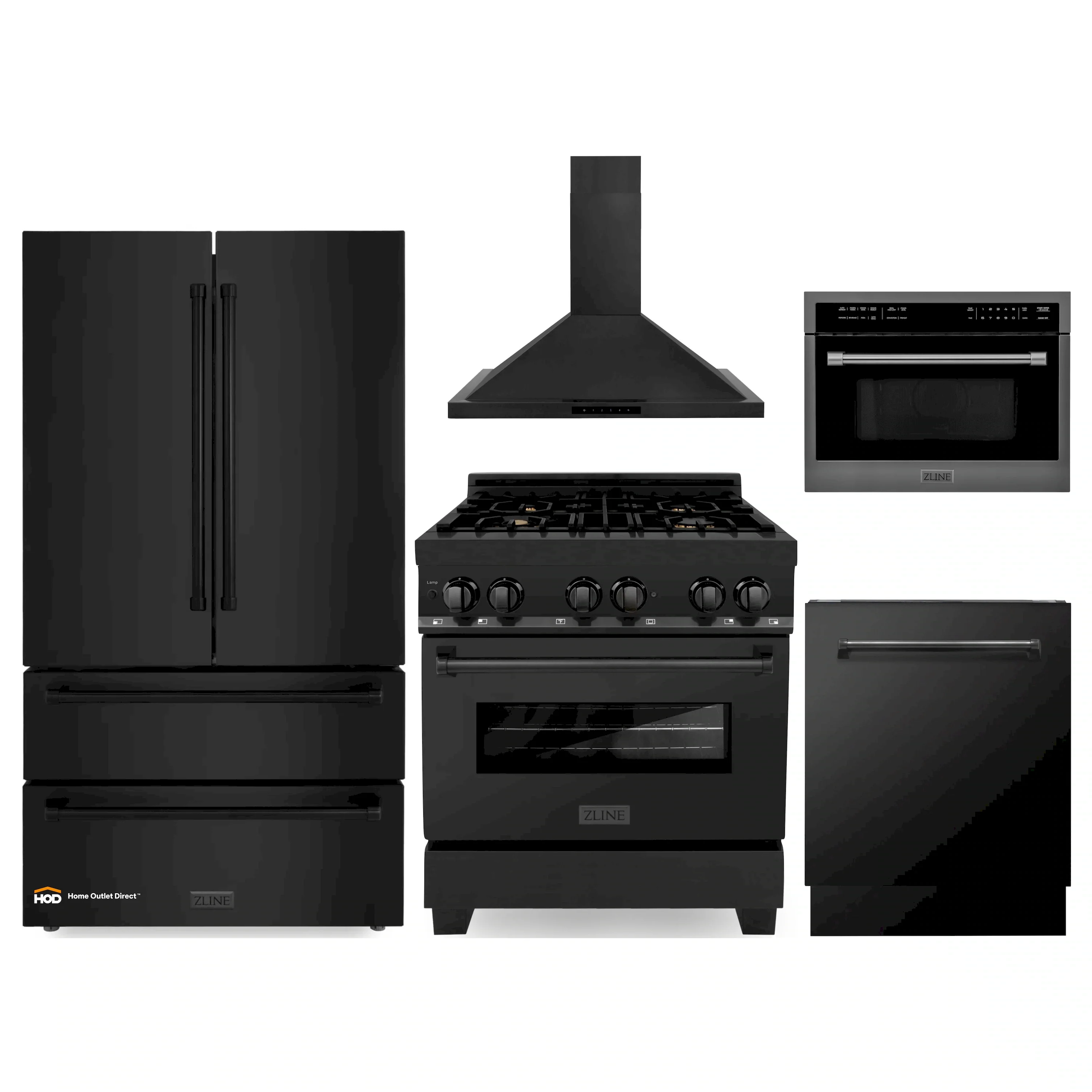 ZLINE 5-Piece Appliance Package - 30-Inch Dual Fuel Range, Refrigerator, Convertible Wall Mount Hood, Microwave Oven, and 3-Rack Dishwasher in Black Stainless Steel