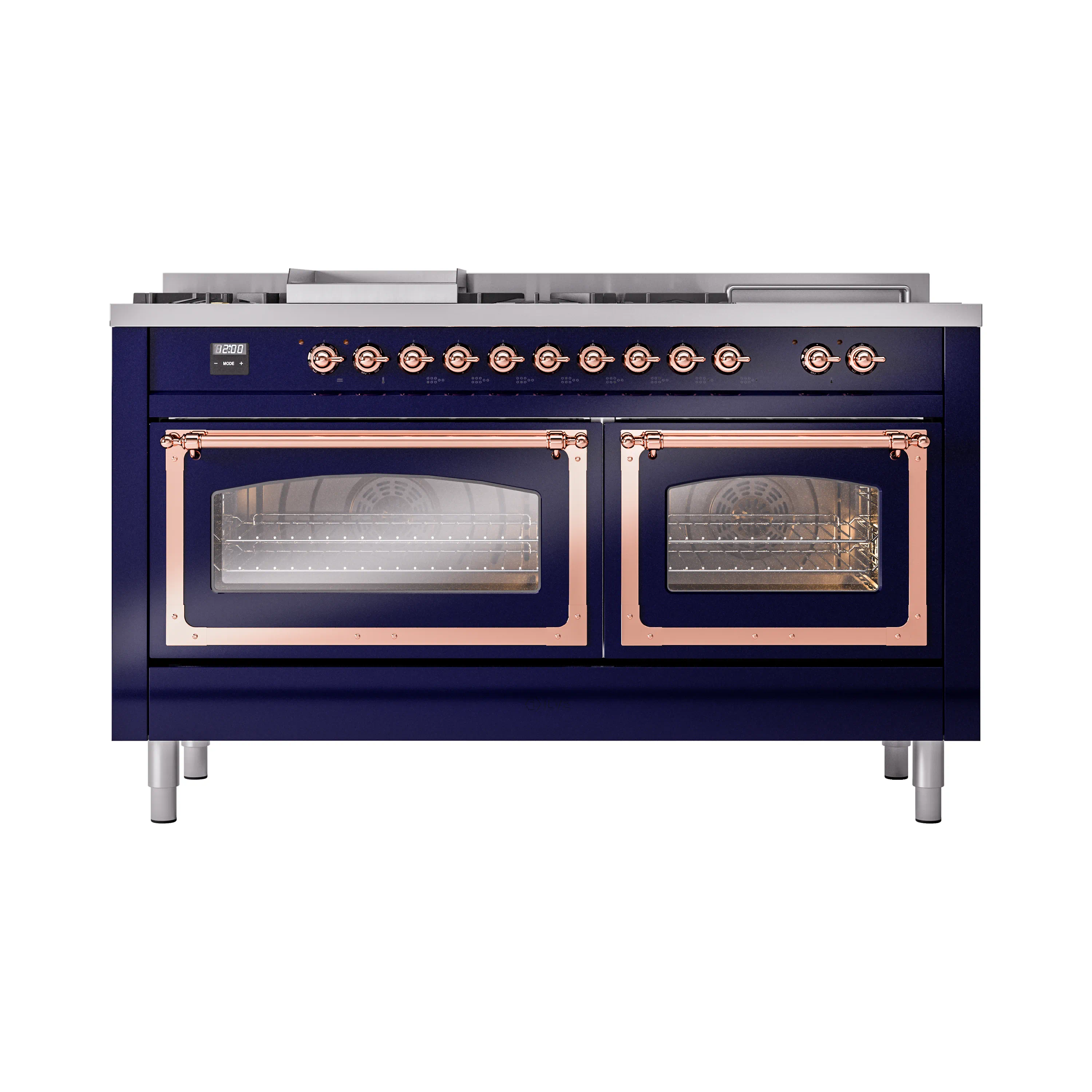ILVE 60-Inch Nostalgie II Noblesse Dual Fuel Range with 7 Sealed Burners, Griddle, French Top, and Triple Glass Door Oven in Midnight Blue with Copper Trim (UN60FSNMPMBP)