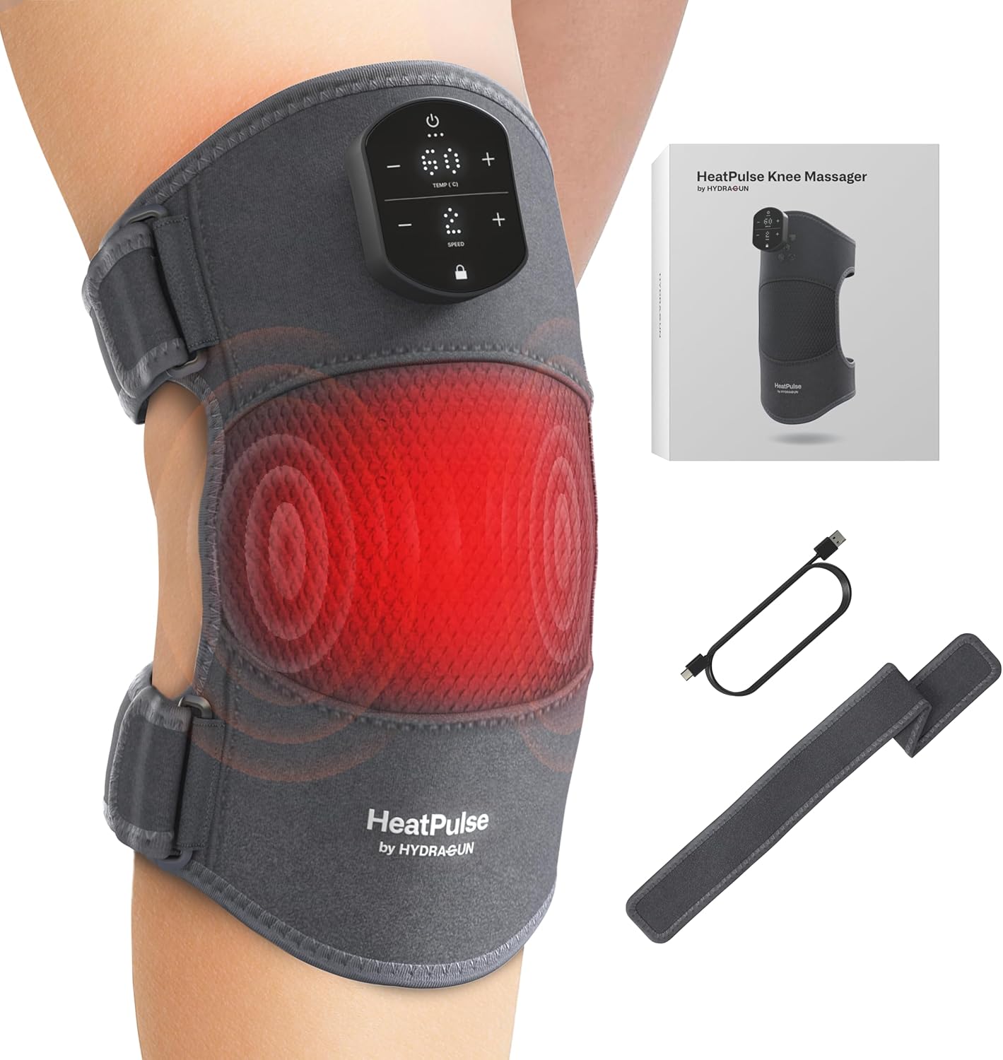 HYDRAGUN HeatPulse Knee Massager with Heat and Compression - Knee Pain Relief Products for Arthritis - Heated Knee Massager for Pain Relief Deep Tissue - Versatile Leg, Calf, Shoulder, Elbow Massager