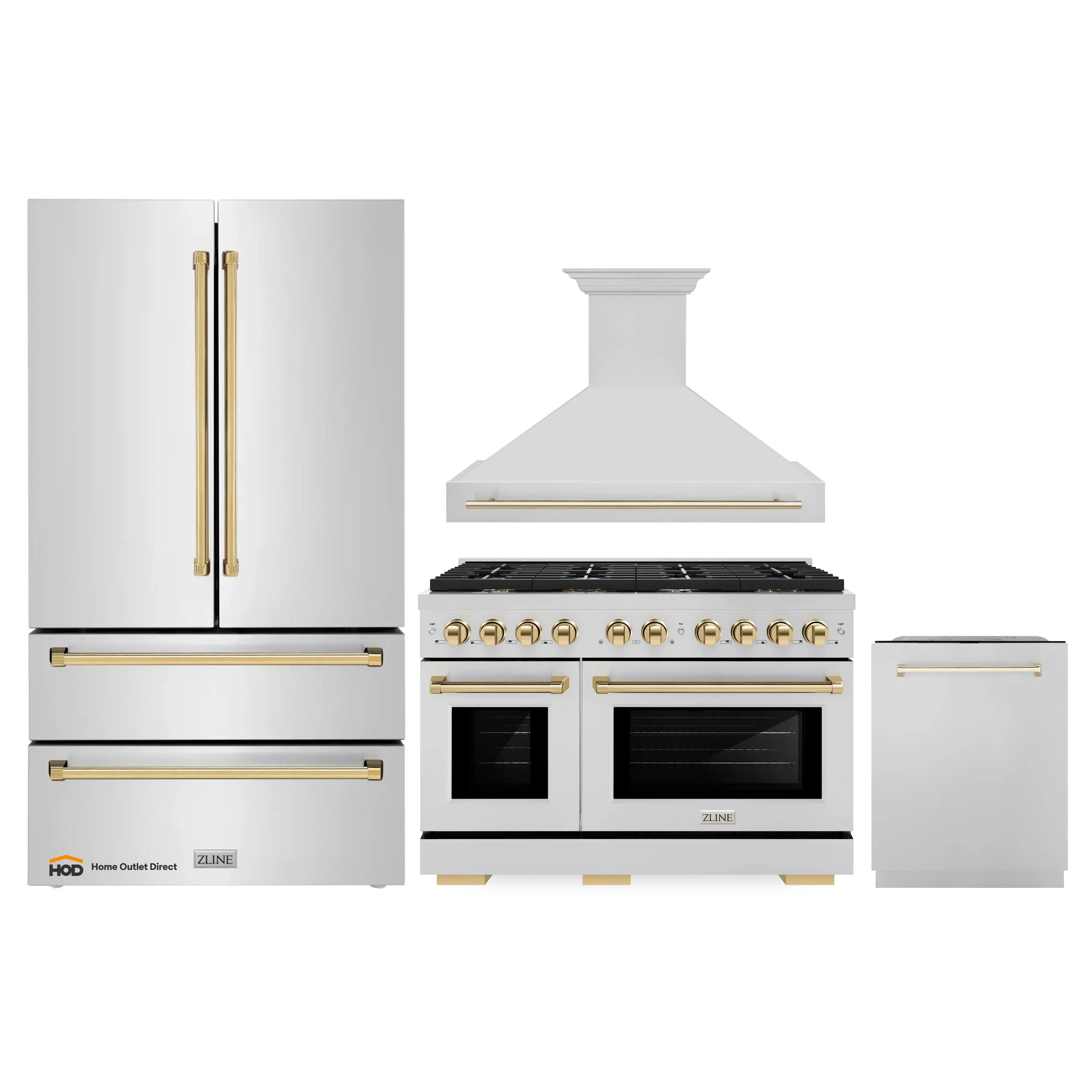 ZLINE Autograph Edition 4-Piece Appliance Package - 48-Inch Gas Range, Refrigerator, Wall Mounted Range Hood, & 24-Inch Tall Tub Dishwasher in Stainless Steel with Gold Trim (4AKPR-SGRRHDWM48-G)