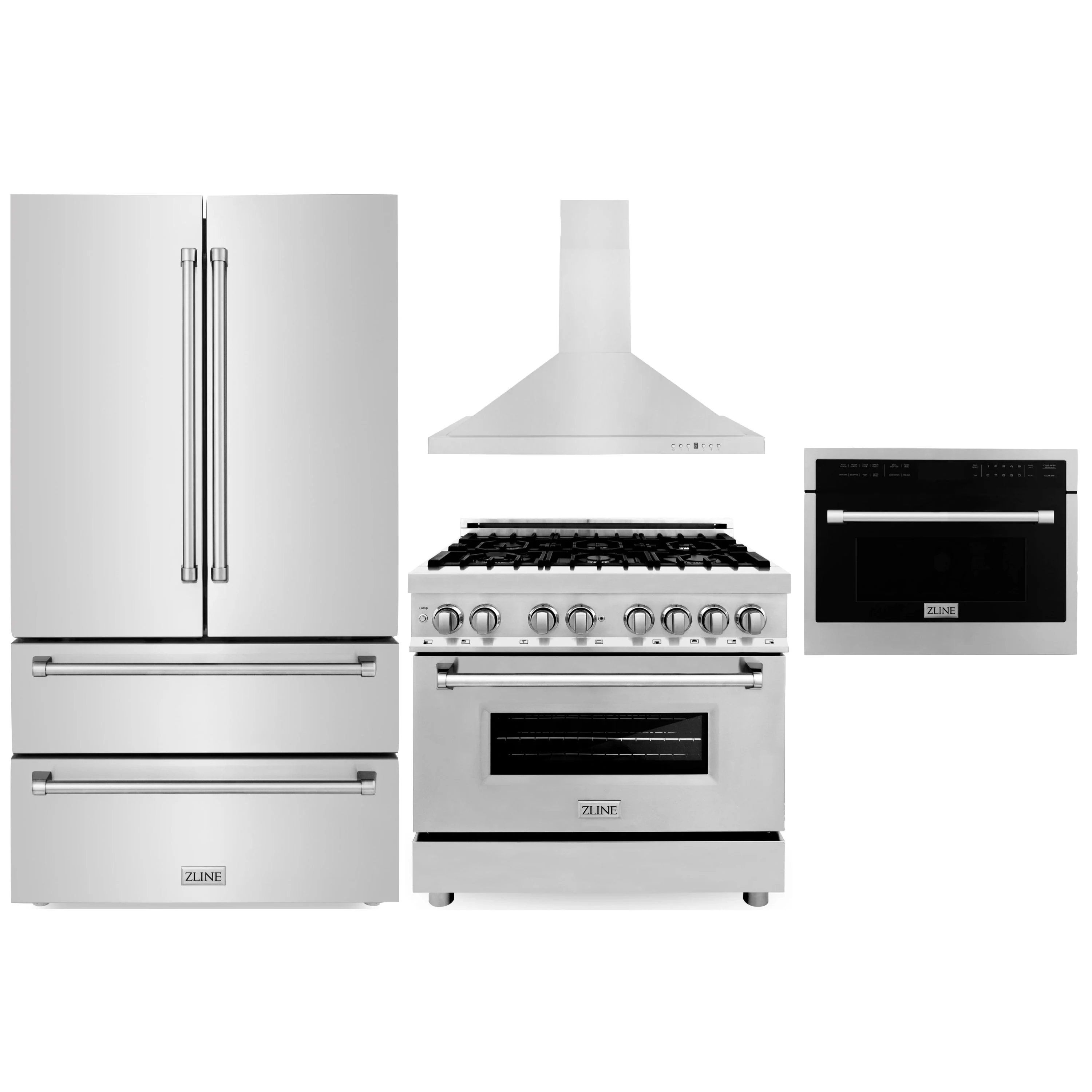 ZLINE 4-Piece Appliance Package - 36-Inch Dual Fuel Range, Refrigerator, Convertible Wall Mount Hood, and Microwave Oven in Stainless Steel (4KPR-RARH36-MO)