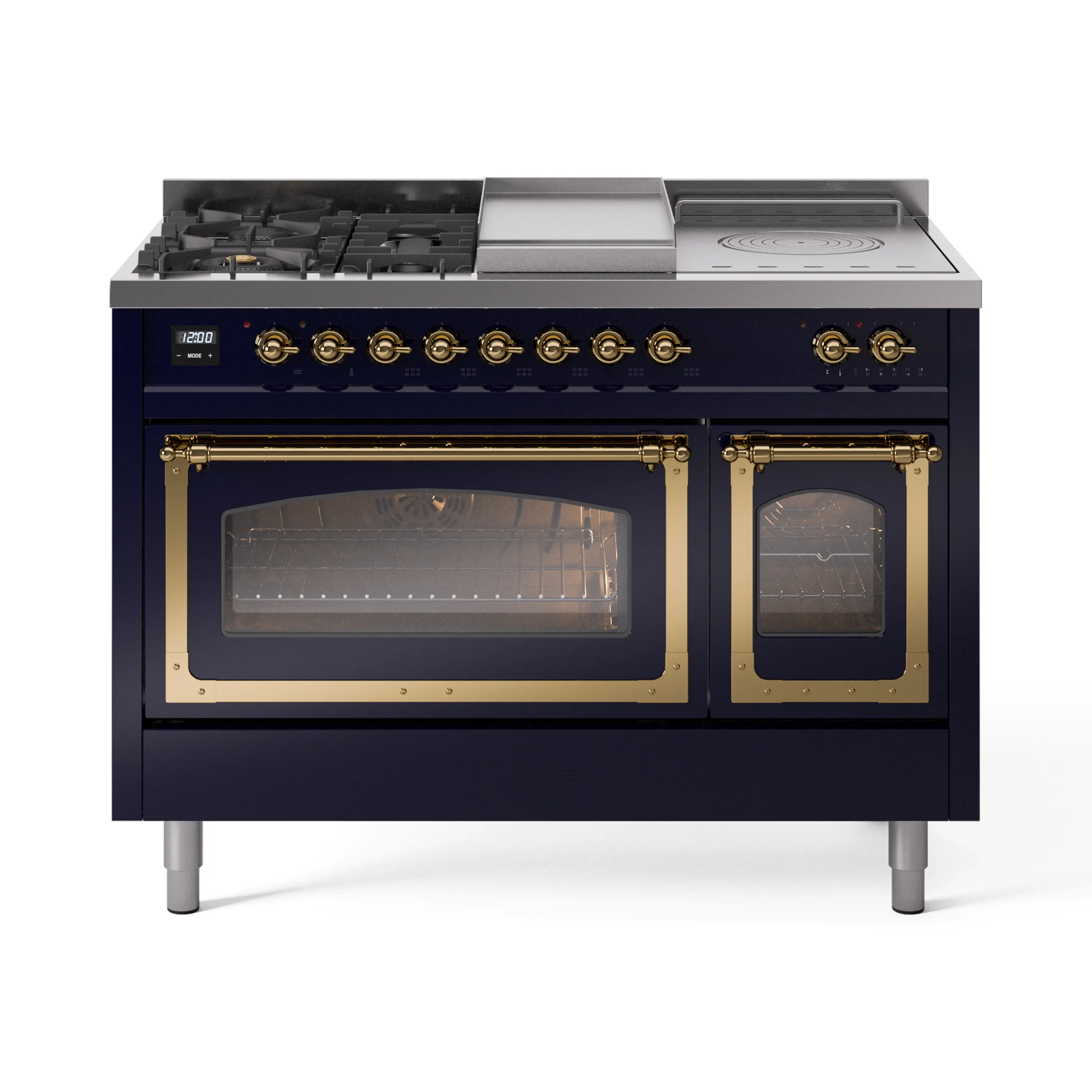 ILVE 48-Inch Nostalgie II Noblesse Dual Fuel Range with 5 Sealed Burners, Griddle, French Top and Triple Glass Door Oven in Midnight Blue with Brass Trim (UN48FSNMPMBG)