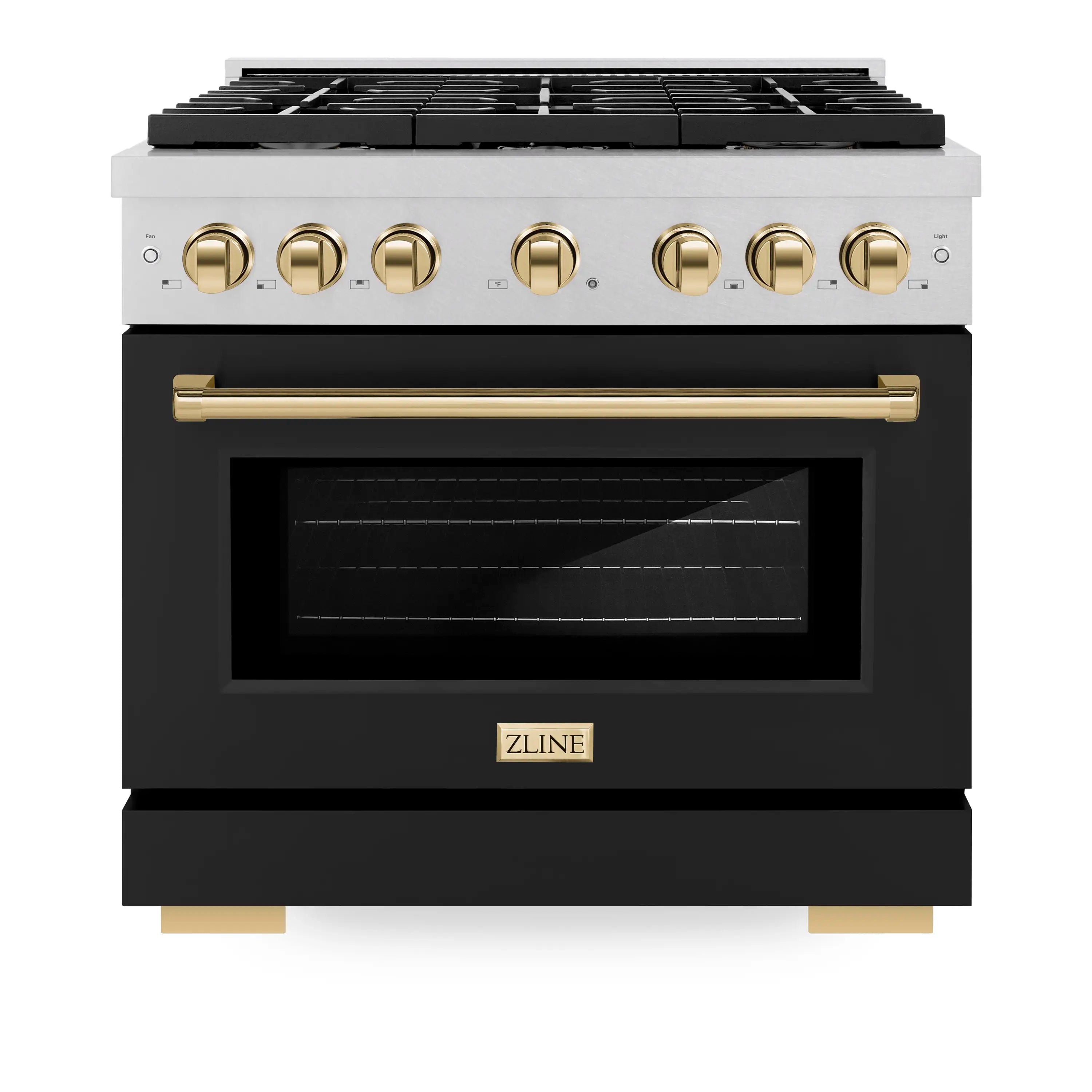 ZLINE Autograph Edition 36-Inch 5.2 cu. ft. Paramount Dual Fuel Range with 6 Burner Gas Cooktop and Electric Convection Oven in Satin Stainless Steel with Black Matte Door and Polished Gold Accents (SDRSZ-BLM-36-G)