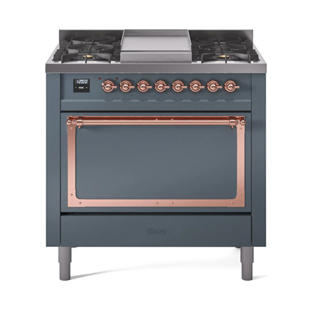ILVE Nostalgie II Noblesse 36-Inch Dual Fuel Range and Solid Door Oven in Blue Grey with Copper Trim (UN36FQNMPBGP)
