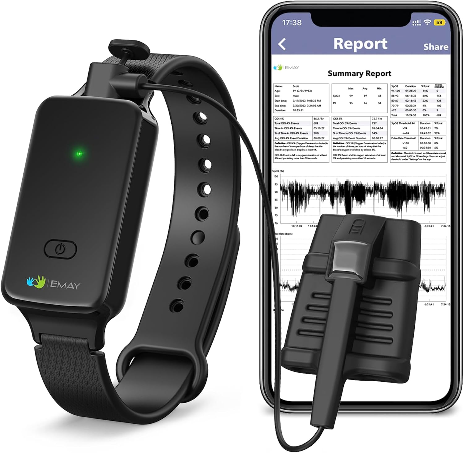 SleepO2 Wrist Recording Pulse Oximeter by EMAY | Continuous Pulse Oximeter to Record Blood Oxygen Saturation and Pulse Rate Overnight | Export Sleep Report & Raw Data
