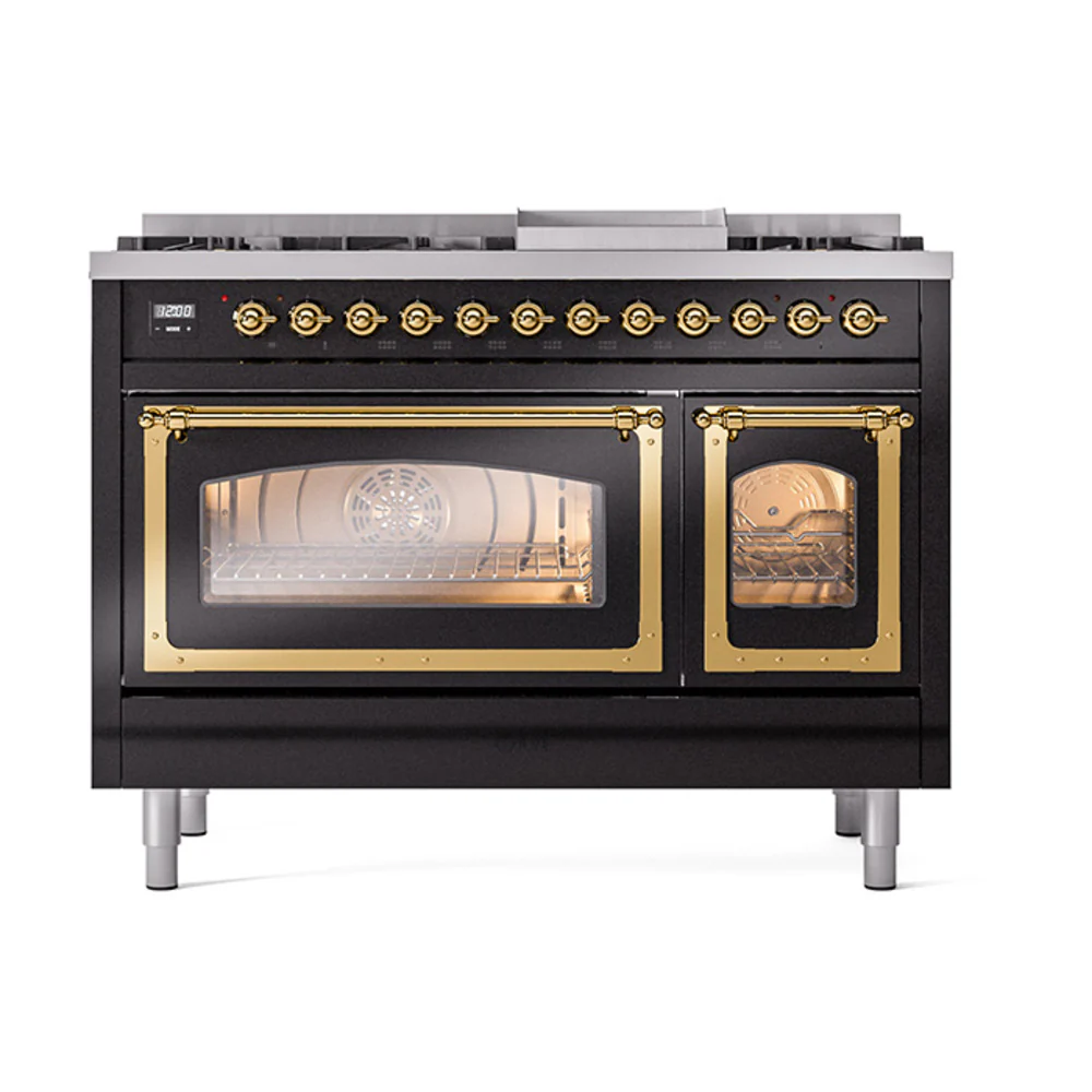 ILVE Nostalgie II Noblesse 48-Inch Dual Fuel Freestanding Range in Glossy Black with Brass Trim (UN48FNMPBKG)