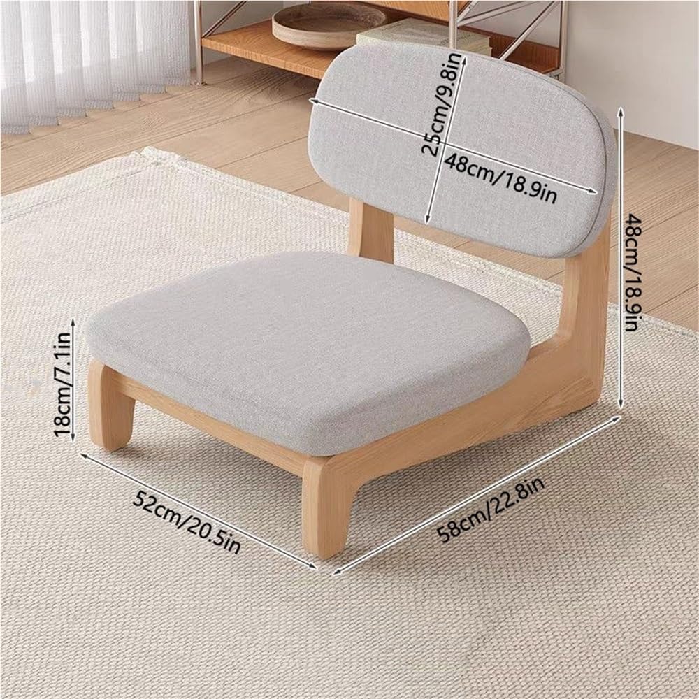 Solid Wood Floor Chair Without Arms, Meditation Chair with Back Support and Cushioned, Low Chair for Living Room, Balcony or Bay Window