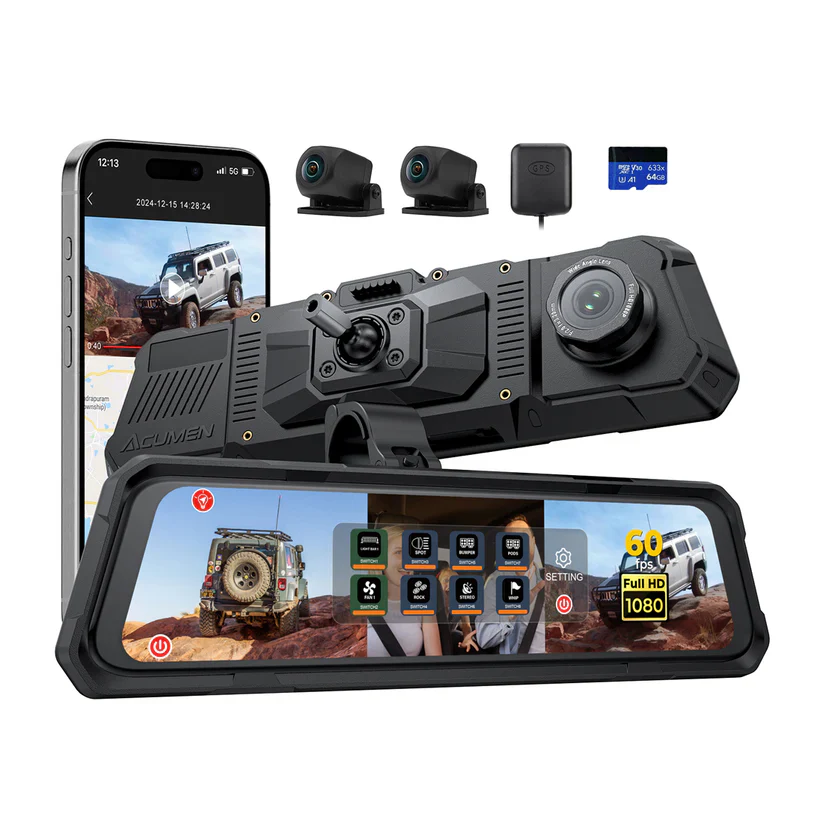The Legend 3ch Waterproof Rear View Mirror Dash Cam with 1080P 60fps Front+ Rear+ Bumper/Cabin Cameras