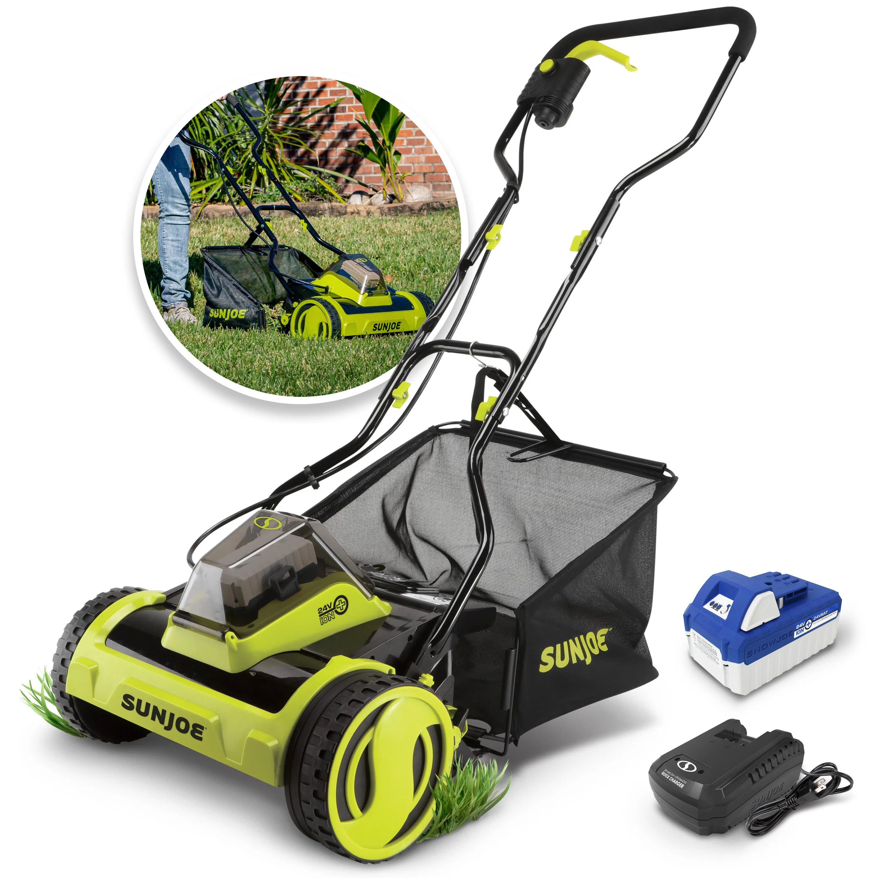 Sun Joe 24V-CRLM15 24-Volt* IONMAX Cordless Push Reel Mower W/ Collection Bag | 15-inch | W/ 4.0-Ah Battery + Charger
