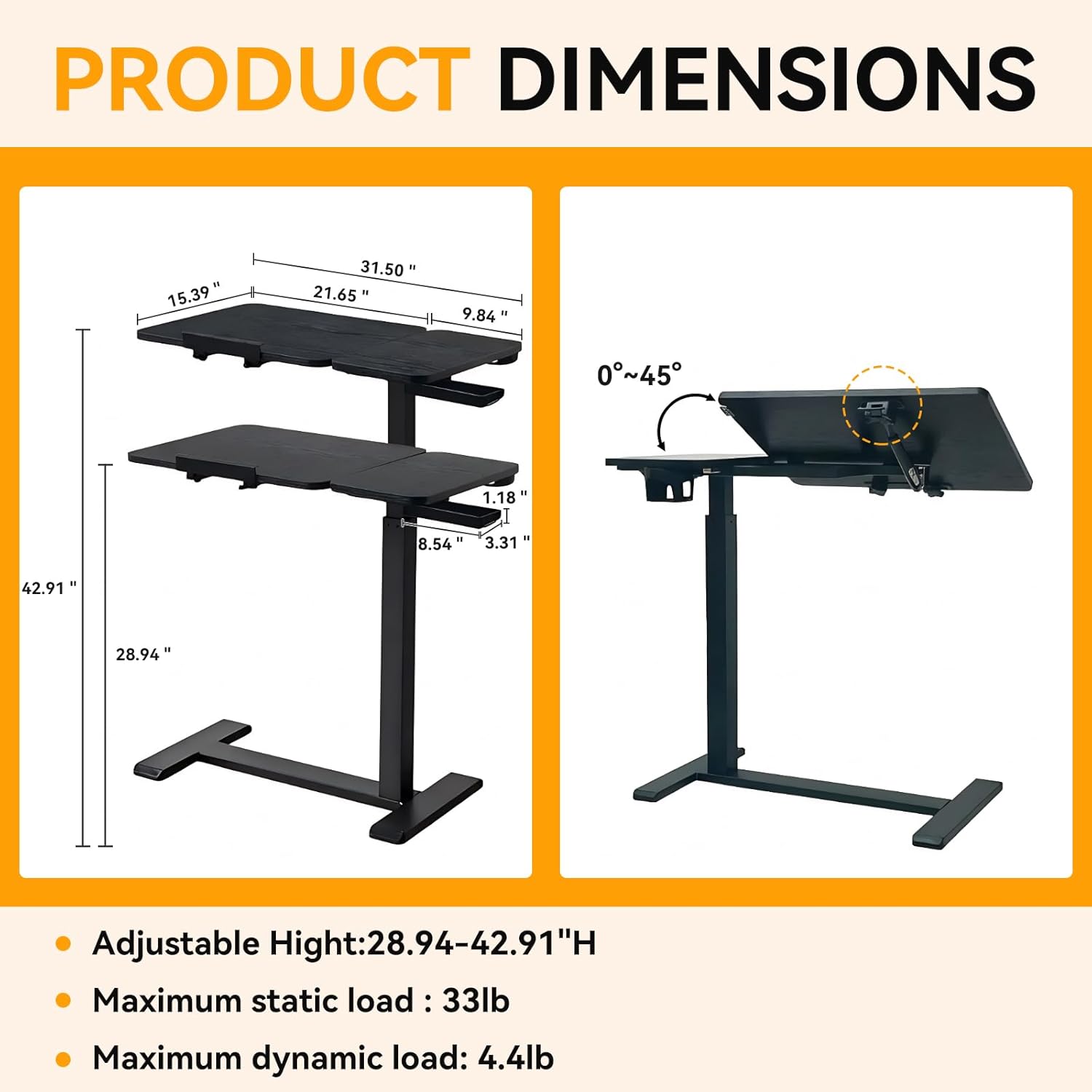 Overbed Bedside Table Adjustable with Wheels, Mobile Standing Stand Up Rolling Laptop PC Desks with Tilting Top Height Tray Side Computer Workstation for Bedroom on Hospital Home Use, Black