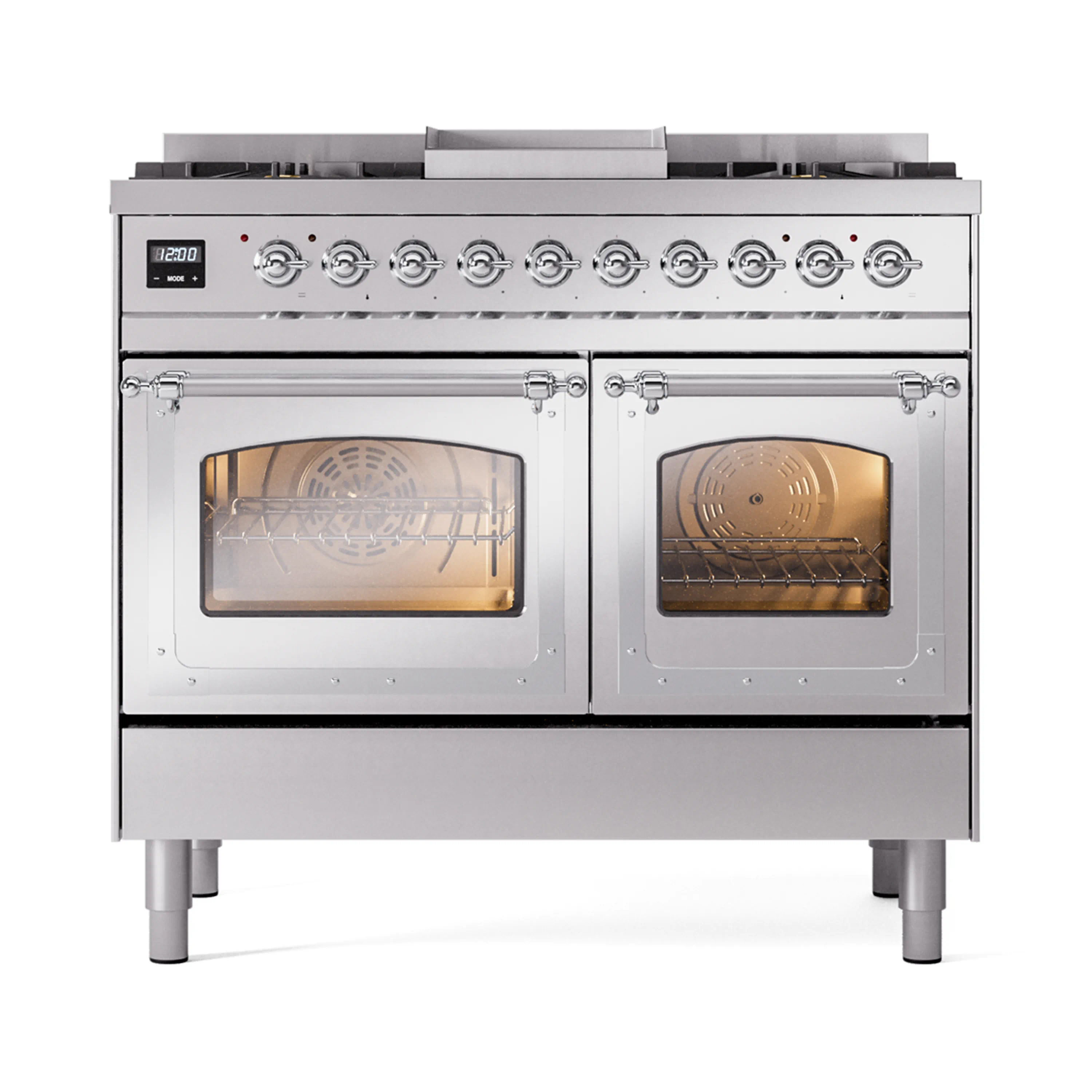 ILVE 40-Inch Nostalgie II Noblesse Dual Fuel Range with Triple Glass Door Oven in Stainless Steel with Chrome Trim (UND40FNMPSSC)