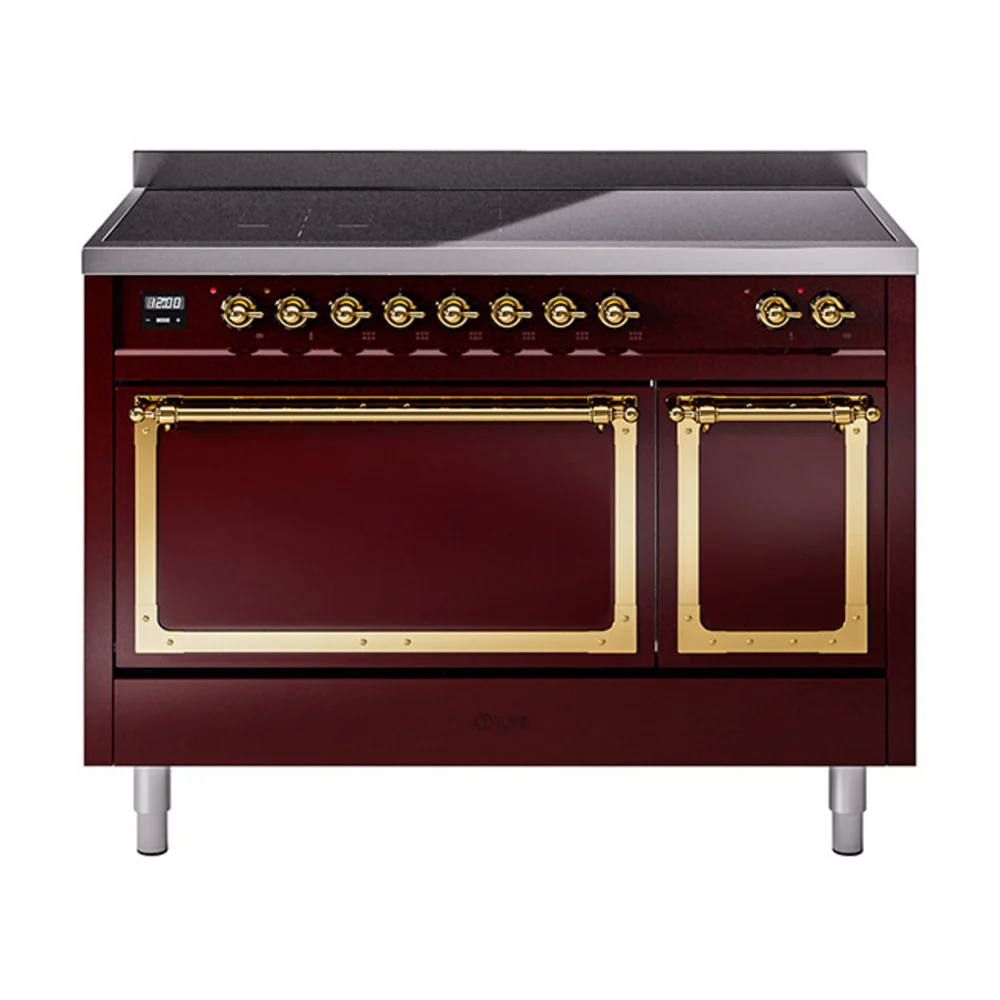 ILVE Nostalgie II Noblesse 48-Inch Induction Range with Solid Door Oven in Burgundy with Brass Trim (UNI486QNMPBUG)
