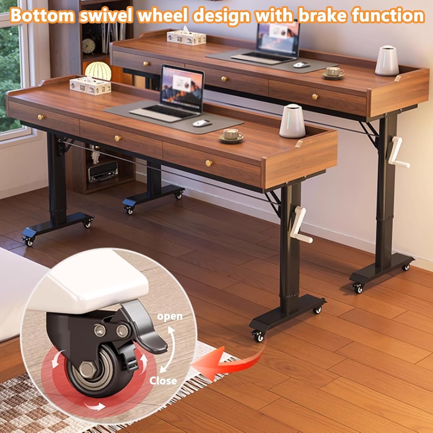 Adjustable Height Overbed Table with Wheels and Hand Crank, Mobile Laptop Cart with Large Capacity Storage, Over Bed Desk Fits Twin/Full/Queen/King Beds(Brown+White,240cm/94.4in)