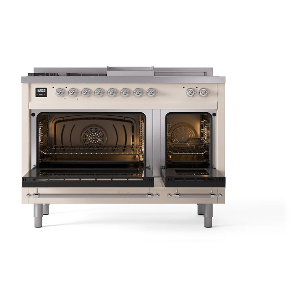 ILVE Nostalgie II 48-Inch Dual Fuel Range with 5 Burners, Griddle, & French Top, with Solid Door Oven in Antique White with Chrome Trim (UP48FSQNMPAWC)