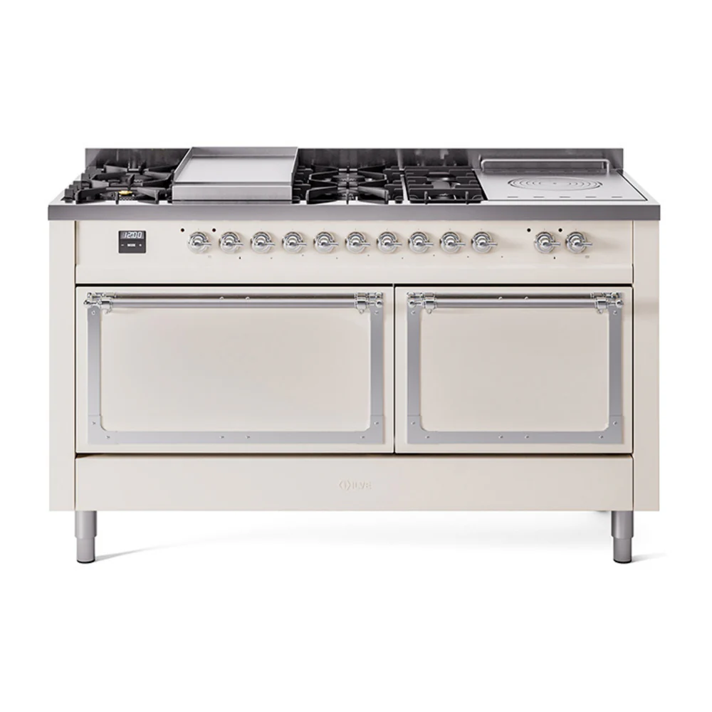 ILVE 60-Inch Nostalgie II Noblesse Dual Fuel Range with 7 Sealed Burners, Gridlde, French Top, and Solid Door Oven in Antique White with Chrome Trim (UN60FSQNMPAWC)