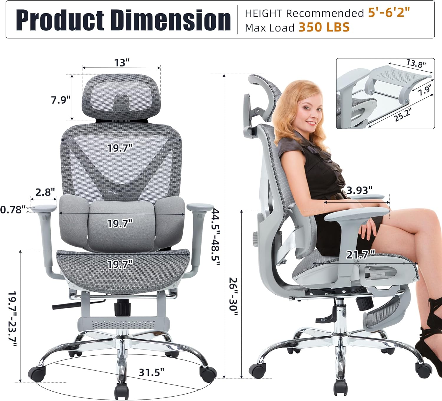 Ergonomic Office Chair - Mesh Executive Desk Chair with 3-Zone Dynamic Lumbar Support & 2D Adjustable Headrest - High Back Reclining Swivel Computer Gaming Chair with 4D Adjustable Armrests & Footrest