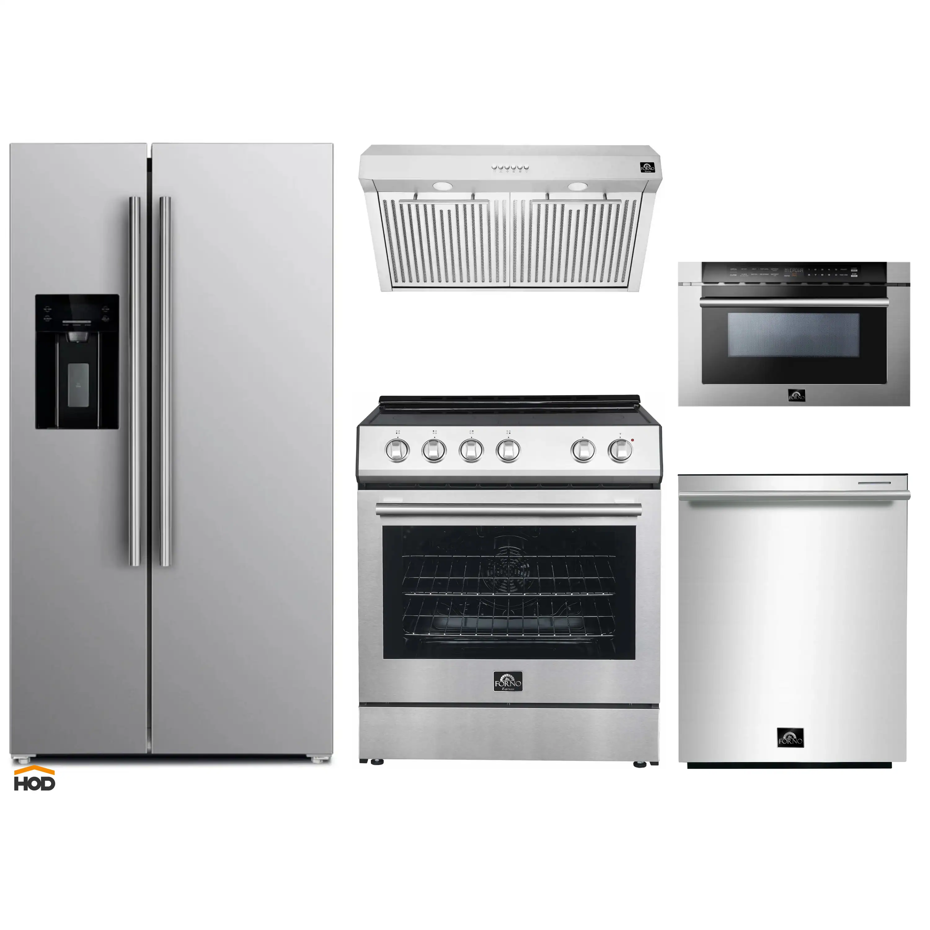 Forno 5-Piece Appliance Package - 30-Inch Electric Range, Under Cabinet Range Hood, Refrigerator with Water Dispenser, Dishwasher, and  Microwave Drawer in Stainless Steel