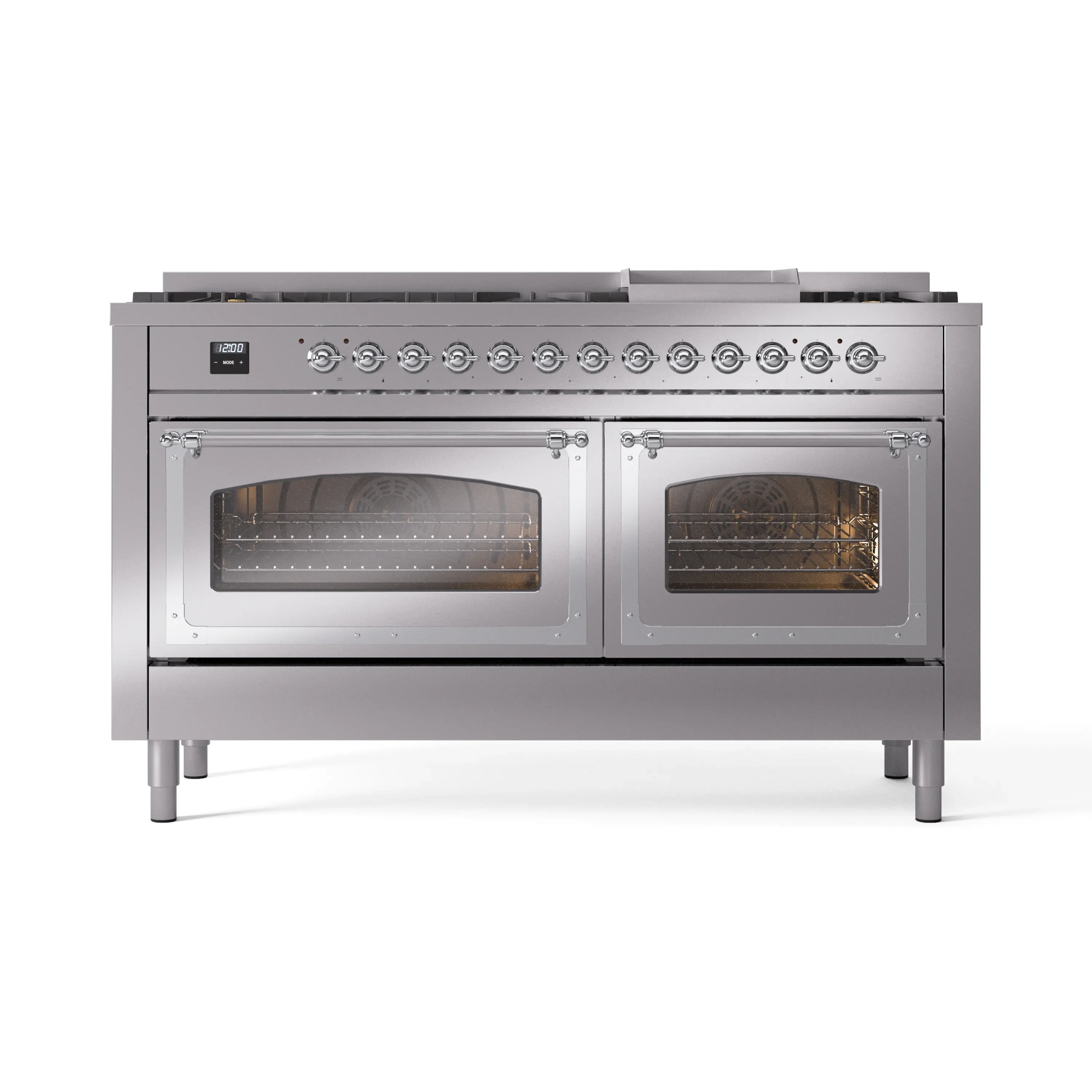 ILVE 60-Inch Nostalgie II Noblesse Dual Fuel Range with 9 Sealed Burners, Griddle, Triple Glass Door Oven in Stainless Steel with Chrome Trim (UN60FNMPSSC)