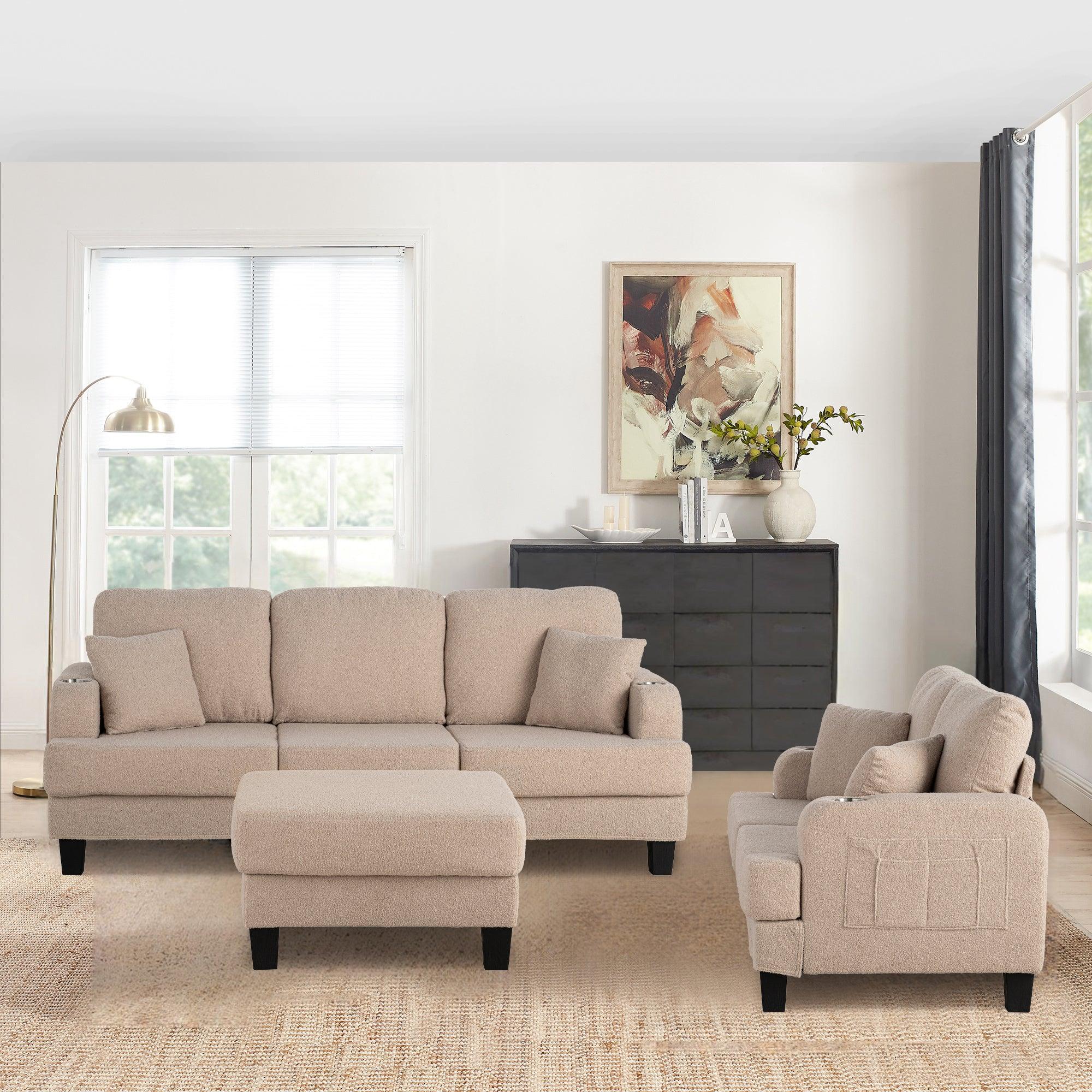 Parrot 3-Piece Sofa Set with Storage Ottoman & USB Charging in Beige